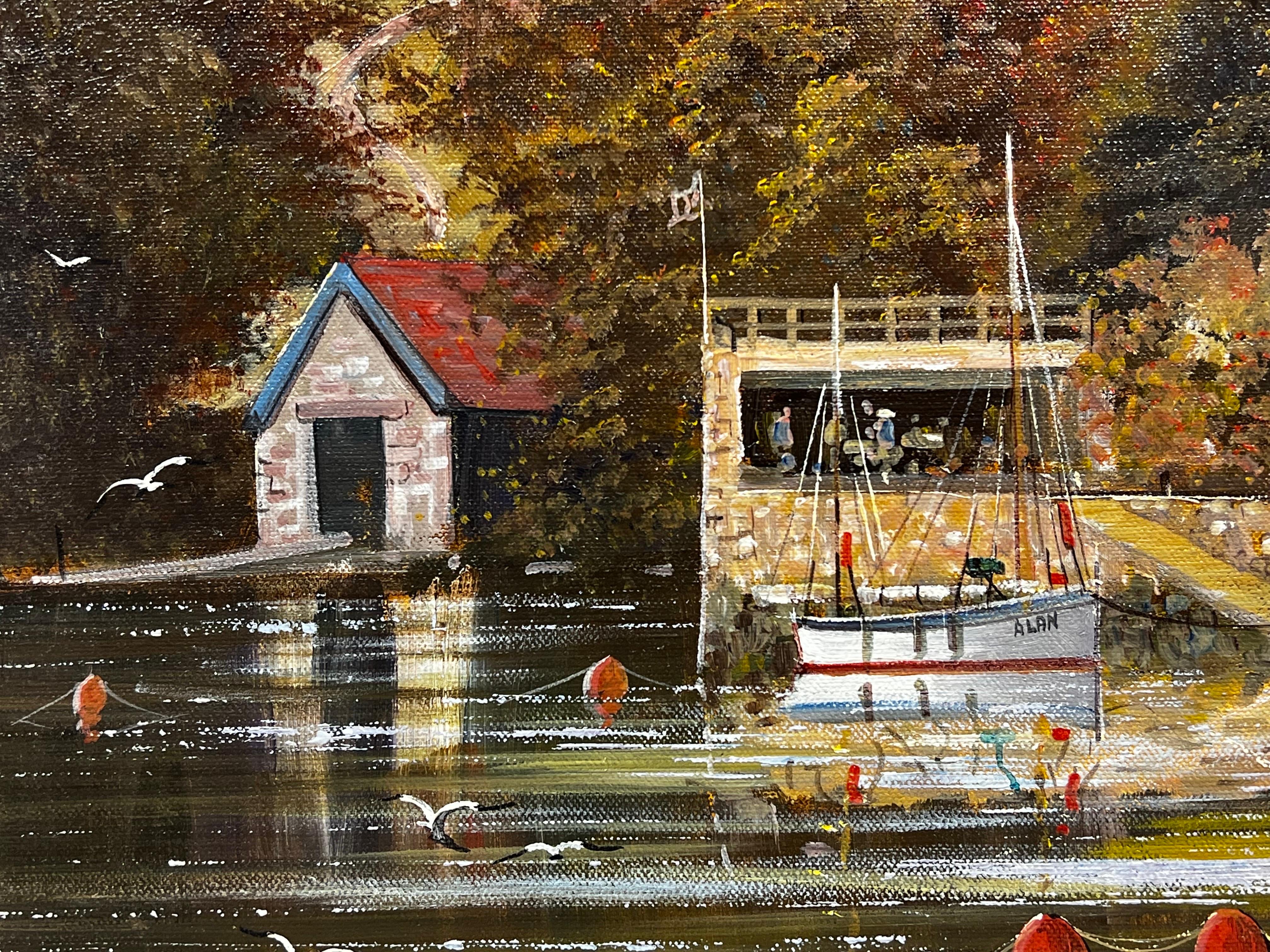 Pintura al óleo original inglesa Barcos amarrados junto a la taberna del viejo río Escena tranquila en venta 4