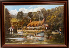 Original English Oil Painting Boats Moored by Old River Tavern Tranquil Scene