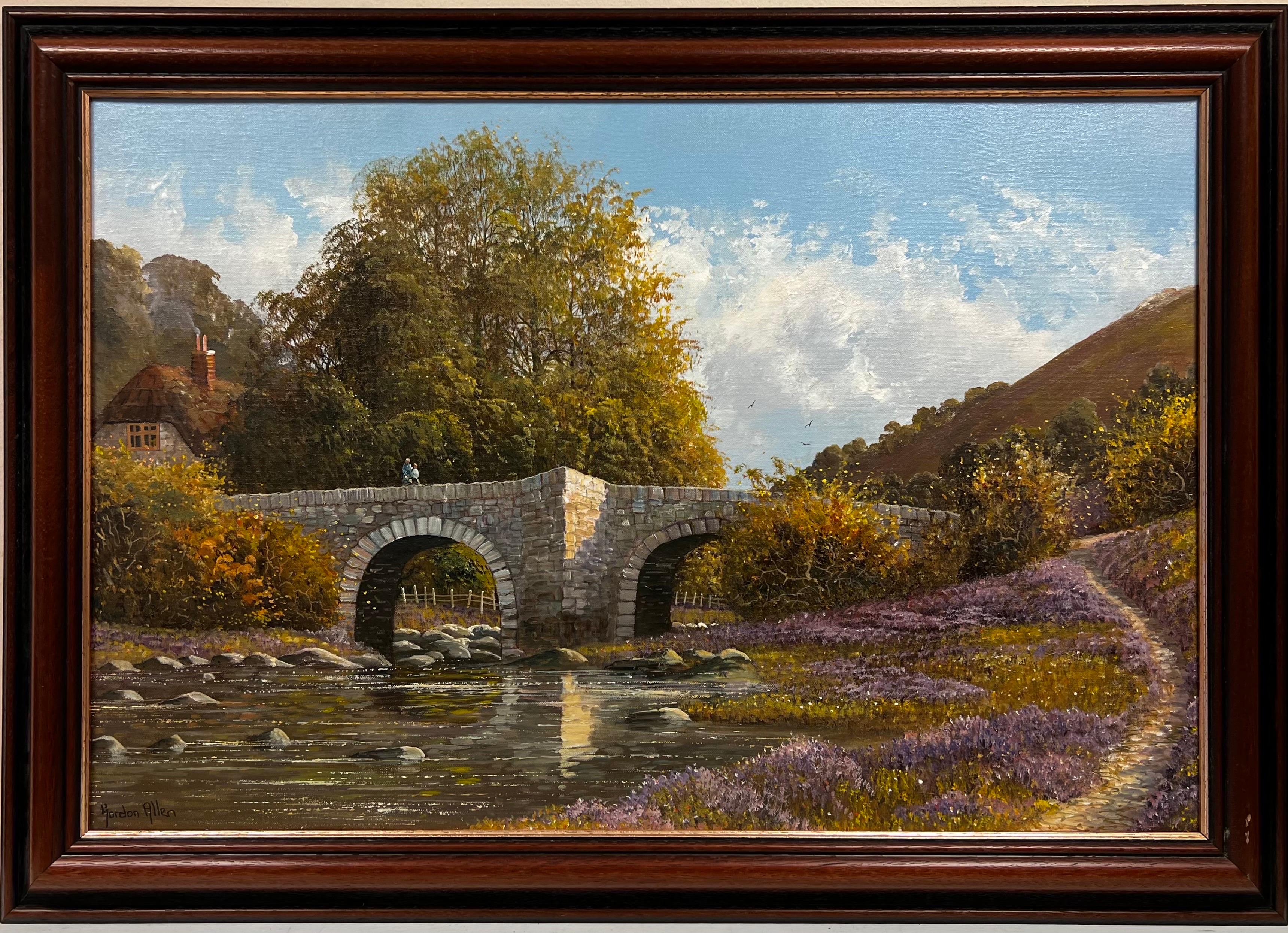 Tranquil English River Landscape with old Stone Bridge, signed original oil - Painting by Gordon Allen