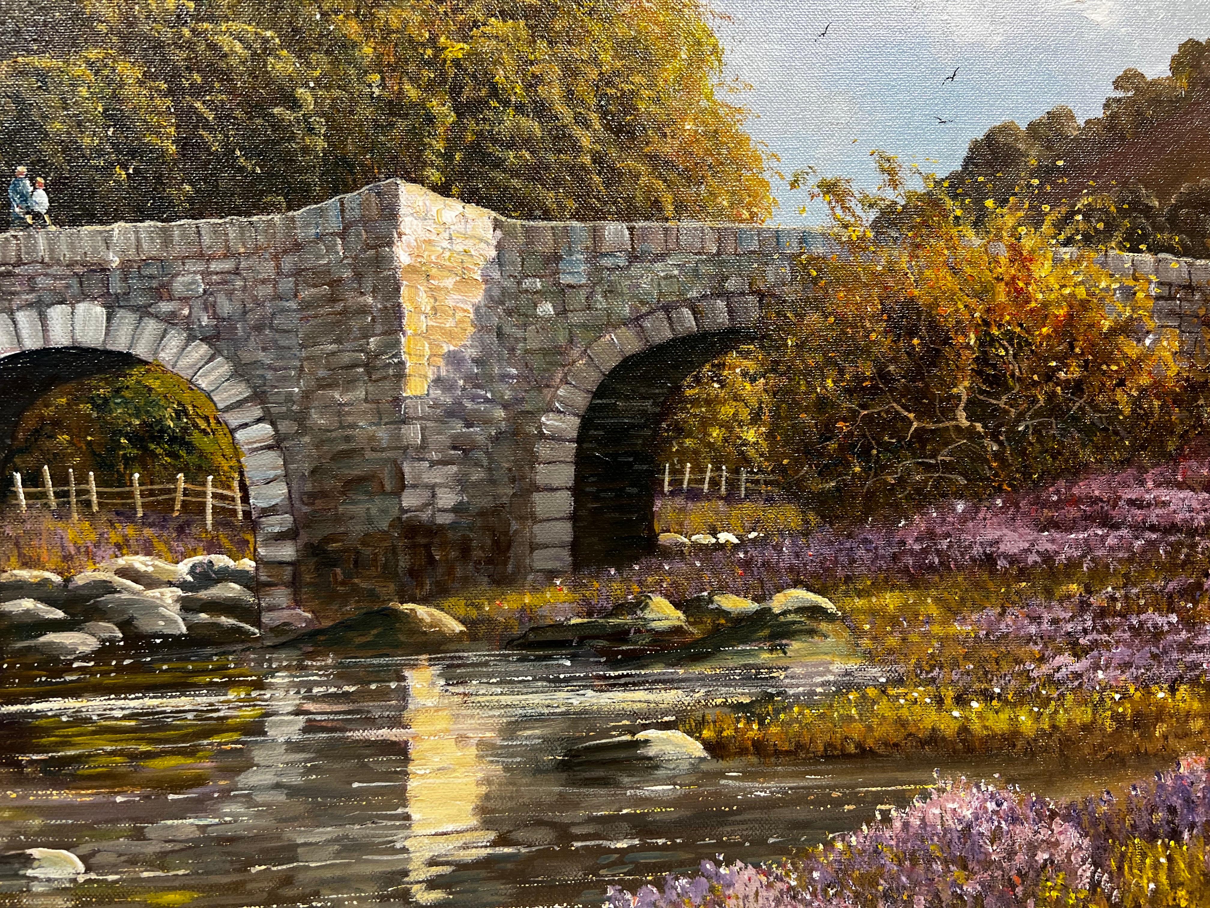 Tranquillo paesaggio fluviale inglese con antico ponte di pietra, olio originale firmato - Painting Vittoriano di Gordon Allen