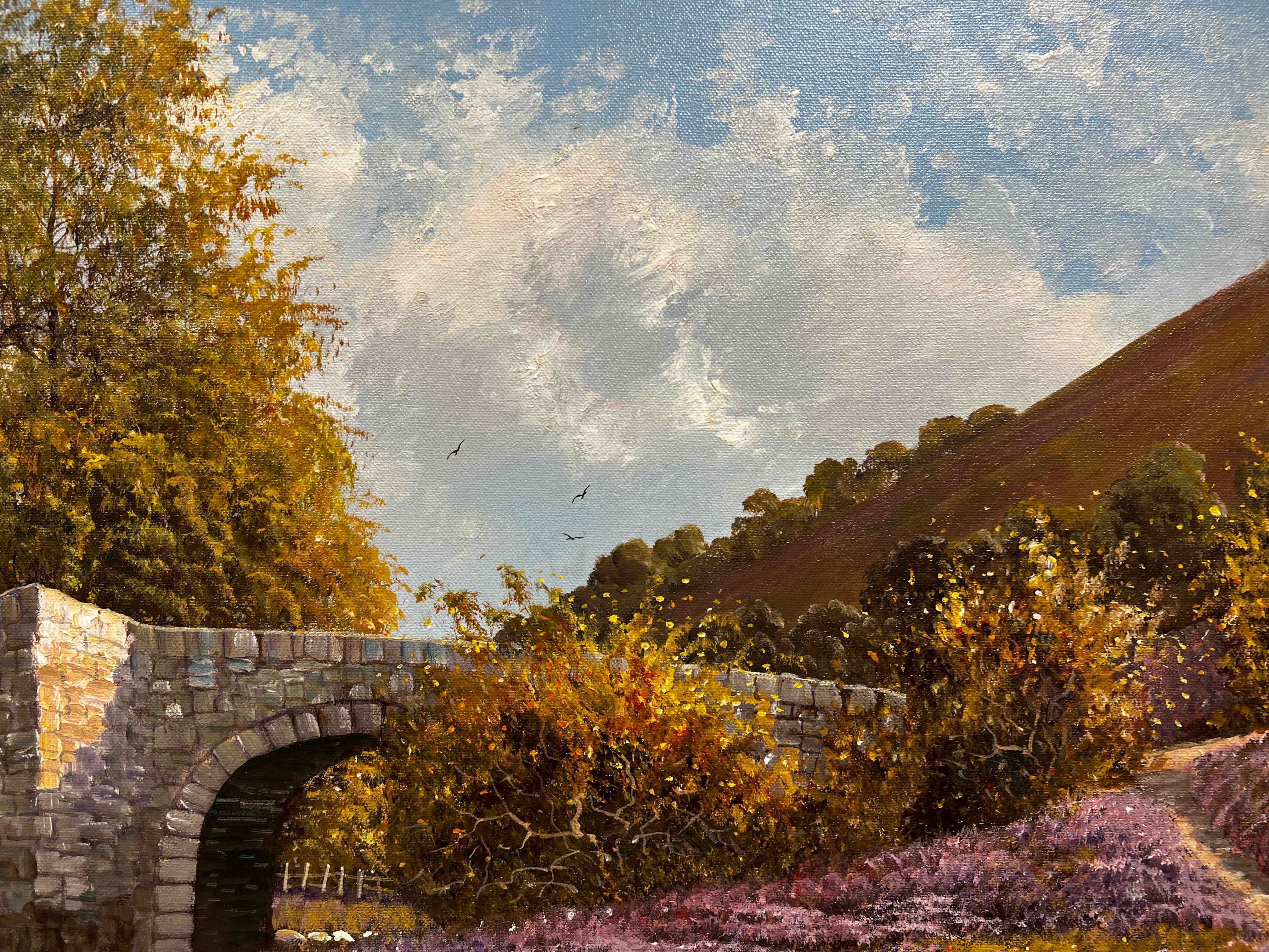 Tranquillo paesaggio fluviale inglese con antico ponte di pietra, olio originale firmato 1