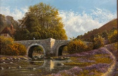 Vintage Tranquil English River Landscape with old Stone Bridge, signed original oil