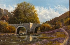 Tranquillo paesaggio fluviale inglese con antico ponte di pietra, olio originale firmato