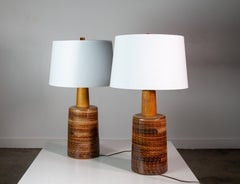 Gordon and Jane Martz 170 Lamp Pair for Marshall Studios Maroon Tan Sgraffito