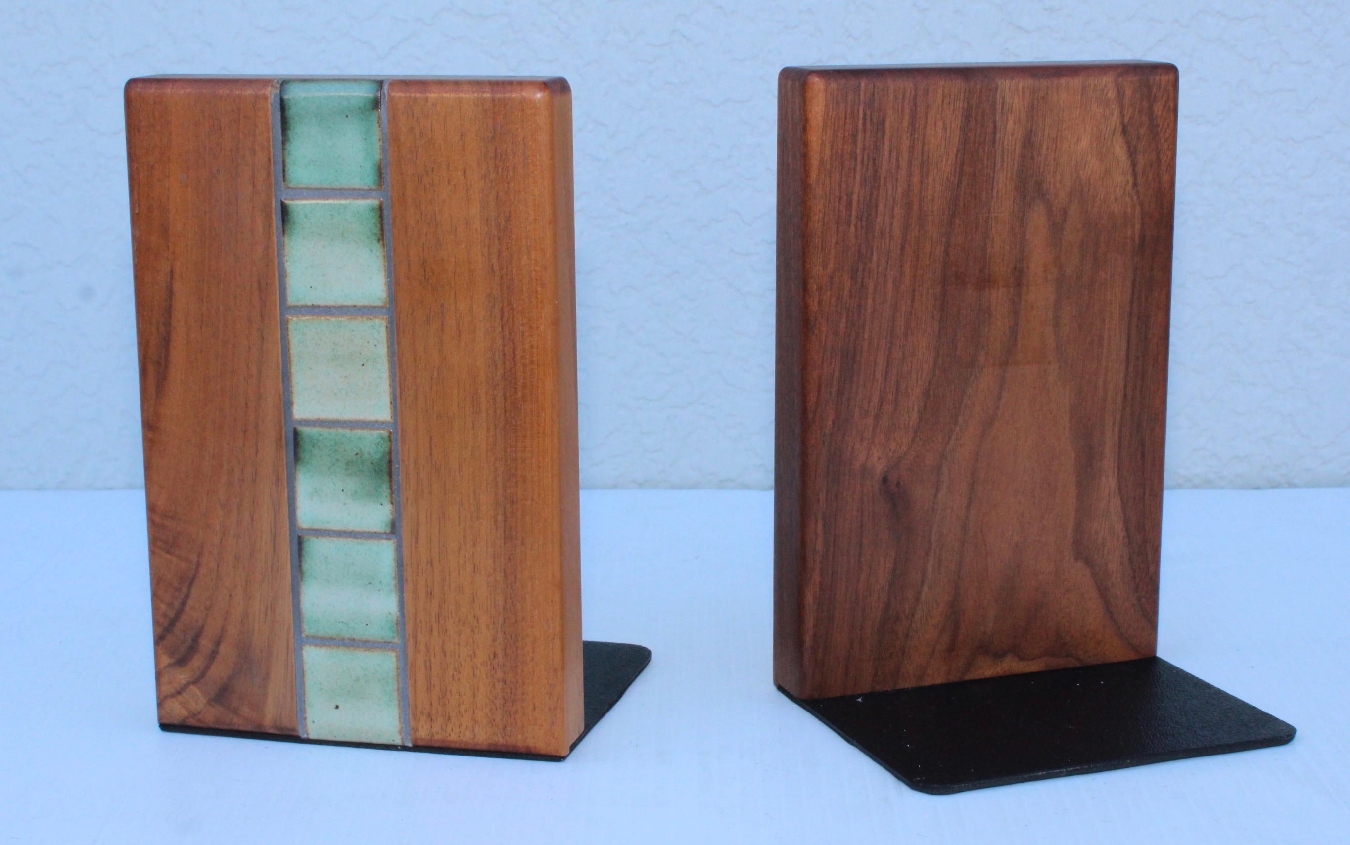 1970's Mid-Century Modern walnut and tile bookends designed by Gordon and Jane Martz, in vintage original condition with some wear and patina due to age and use.