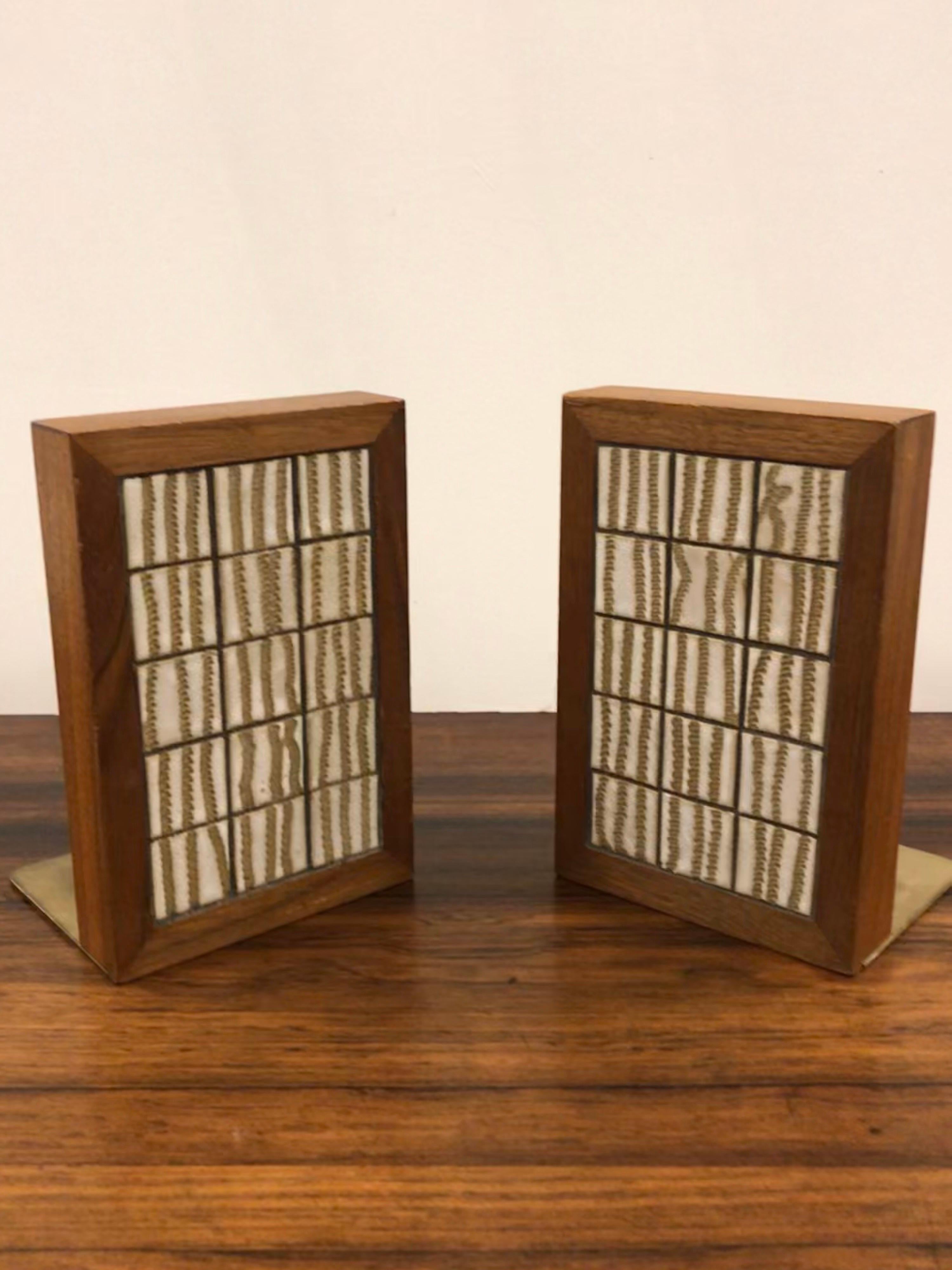 Mid-Century Modern Gordon and Jane Martz for Marshall Studios Walnut and Tile Bookends