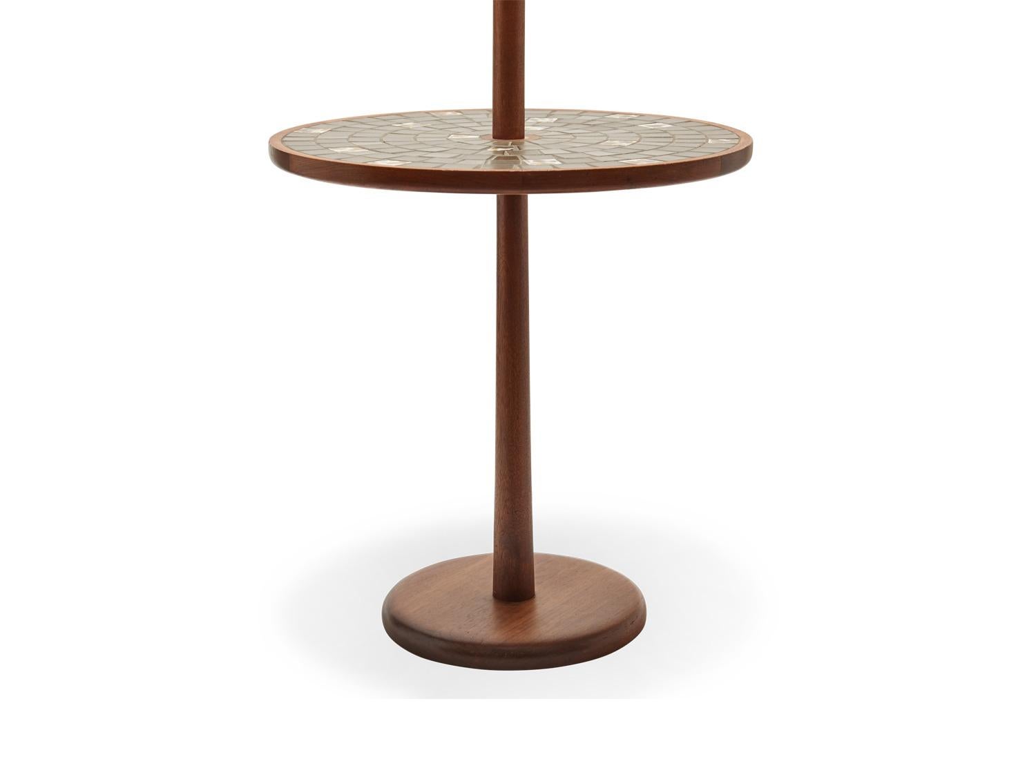 Designer: Gordon and Jane Martz
Material: Walnut frame with ceramic tile table
Shade: Natural linen.
Dimensions: 18