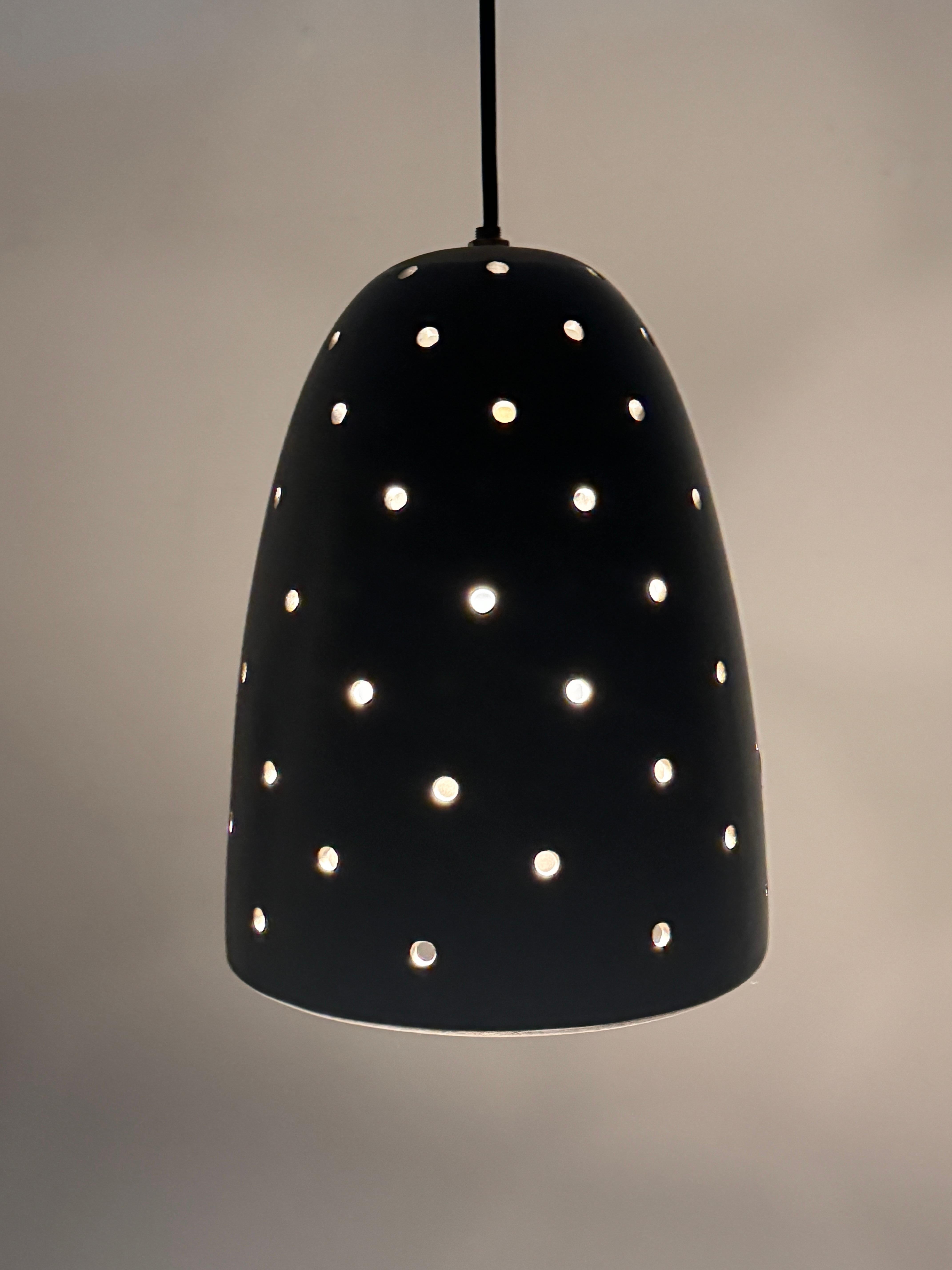 American Gordon and Jane Martz Marshall Studios Pierced Black Ceramic Pendant Lamp 1960s