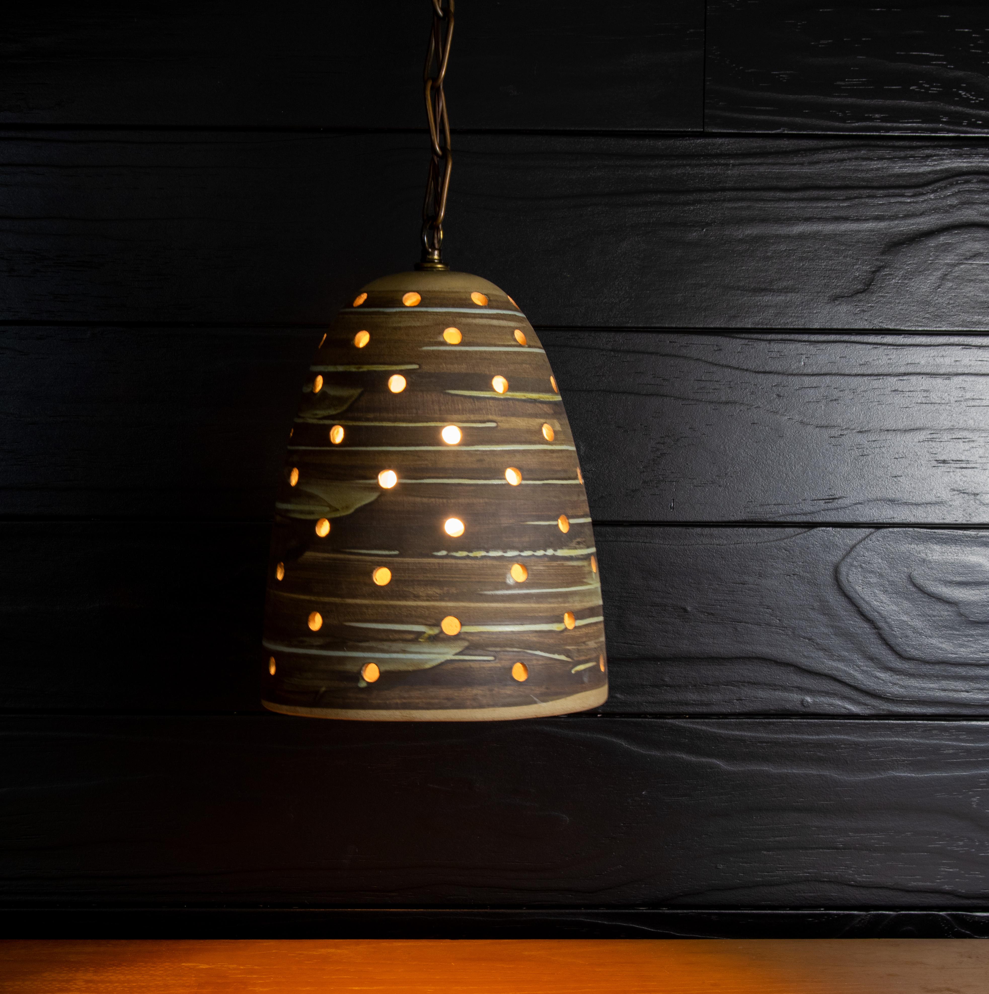 Brass Gordon and Jane Martz Model 236 Hanging Pendant Lamp perforated swirl glaze For Sale
