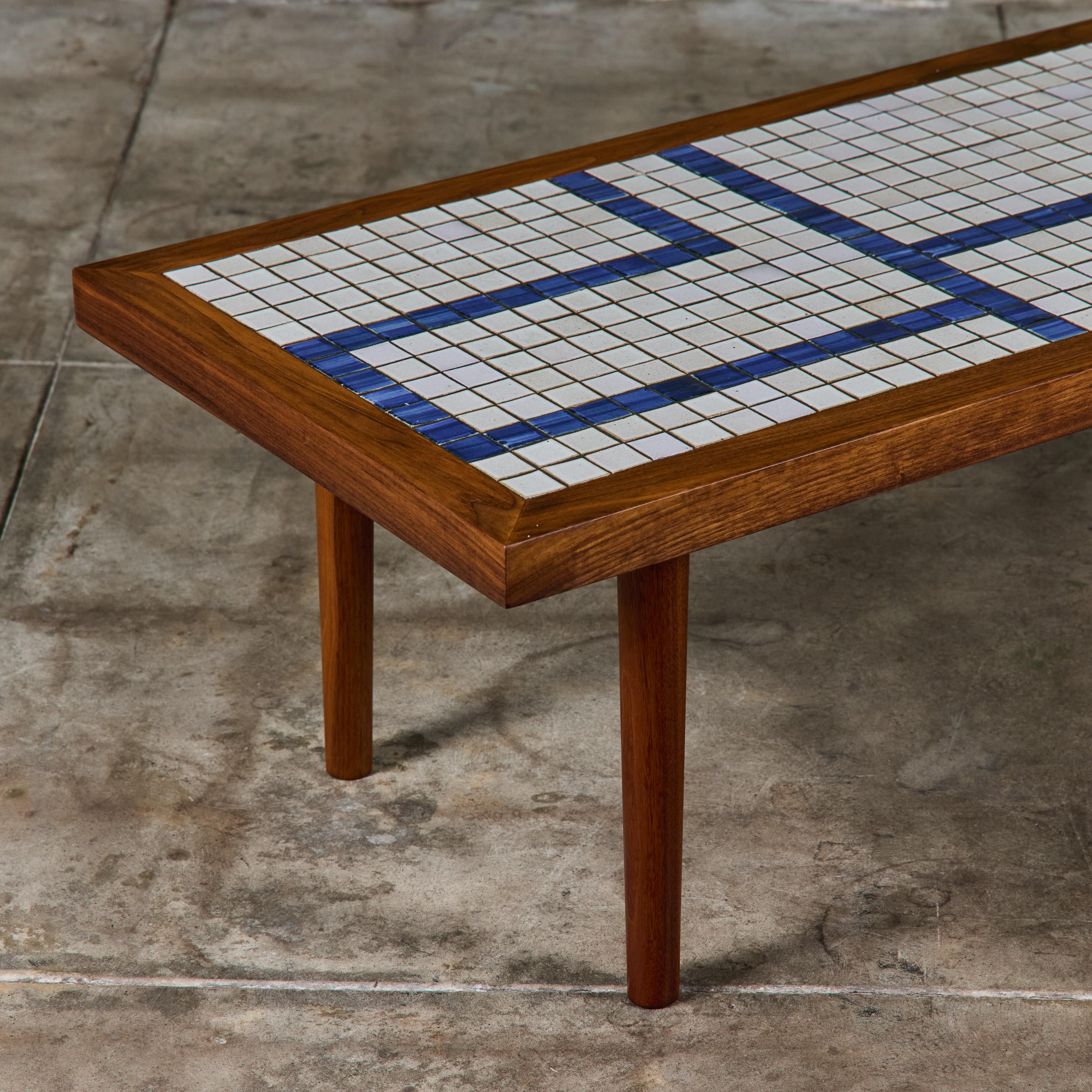 Mid-Century Modern Gordon and Jane Martz Rectangular Coffee Table with Blue and White Tile Inlay For Sale