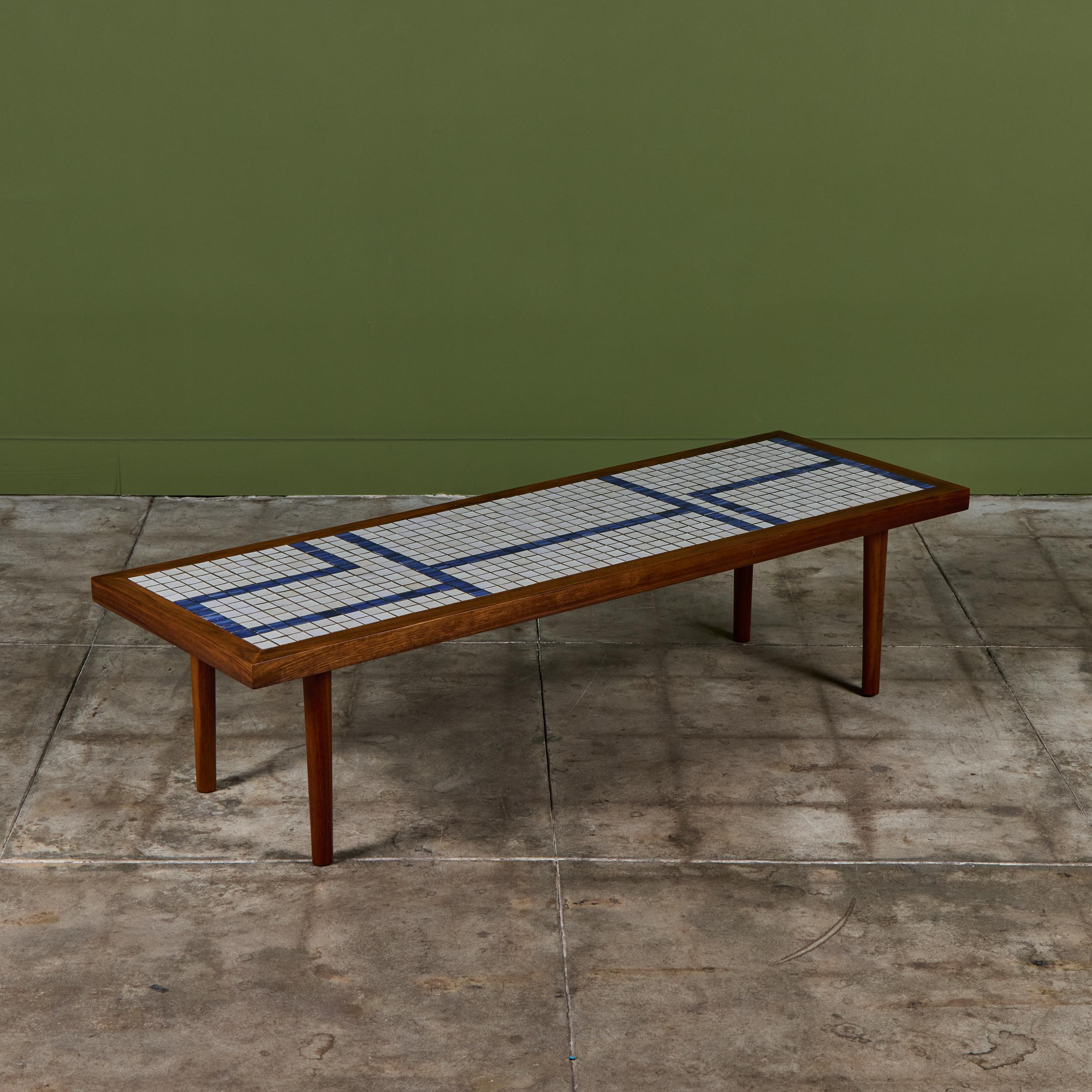 Ceramic Gordon and Jane Martz Rectangular Coffee Table with Blue and White Tile Inlay For Sale