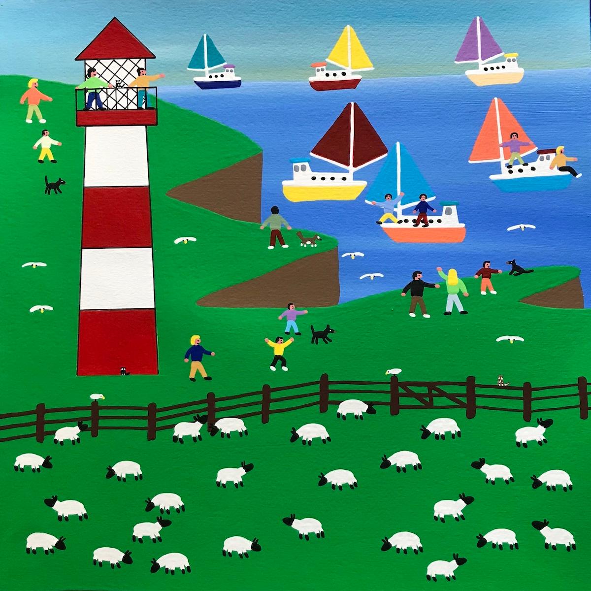 Gordon Barker  Figurative Painting - Cliff Top Walk, Gordon Barker, Lighthouse painting, Coastal art, Folk art, 2022