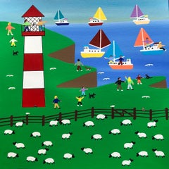 Cliff Top Walk, Gordon Barker, Lighthouse painting, Coastal art, Folk art, 2022