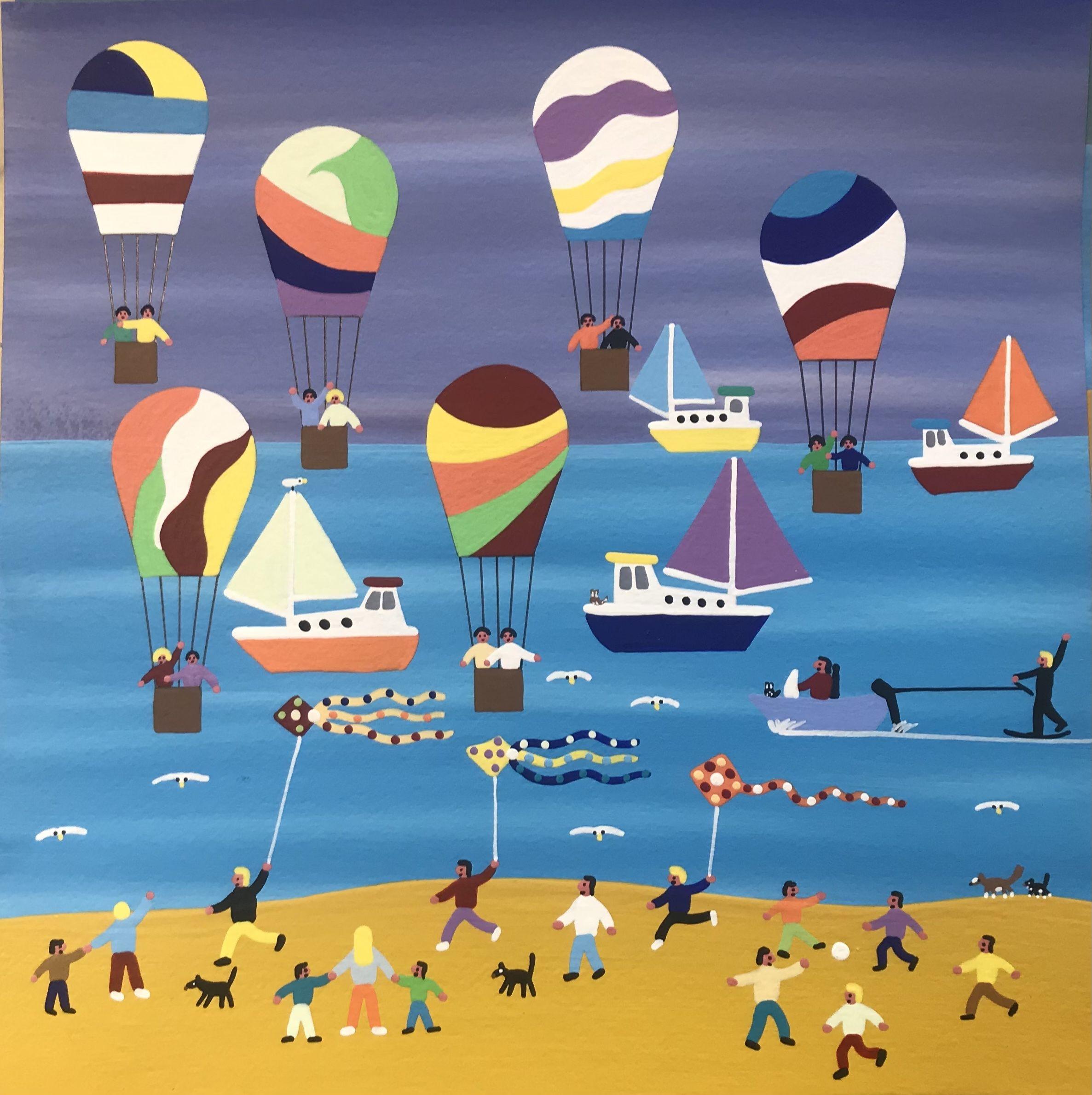Flying the kites on the beach with the hot air balloonâ€™s rising in the sky :: Painting :: Folk Art :: This piece comes with an official certificate of authenticity signed by the artist :: Ready to Hang: No :: Signed: Yes :: Signature Location:
