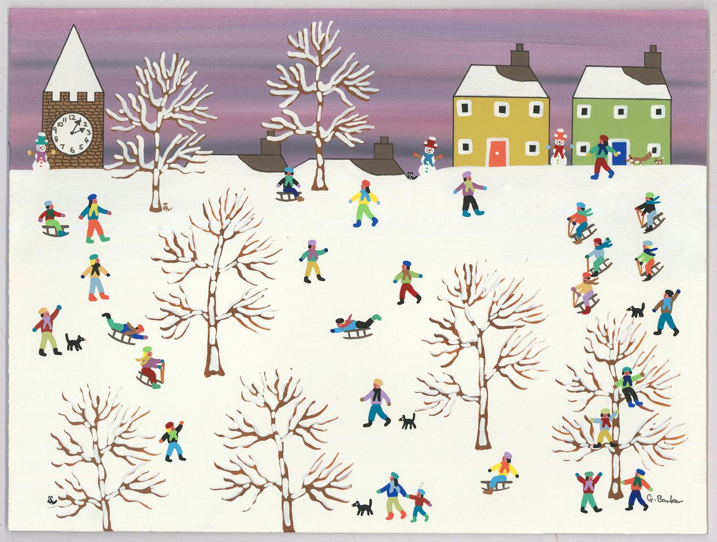 Gordon Barker - Contemporary Acrylic, Sledging Down the Hill For Sale 1
