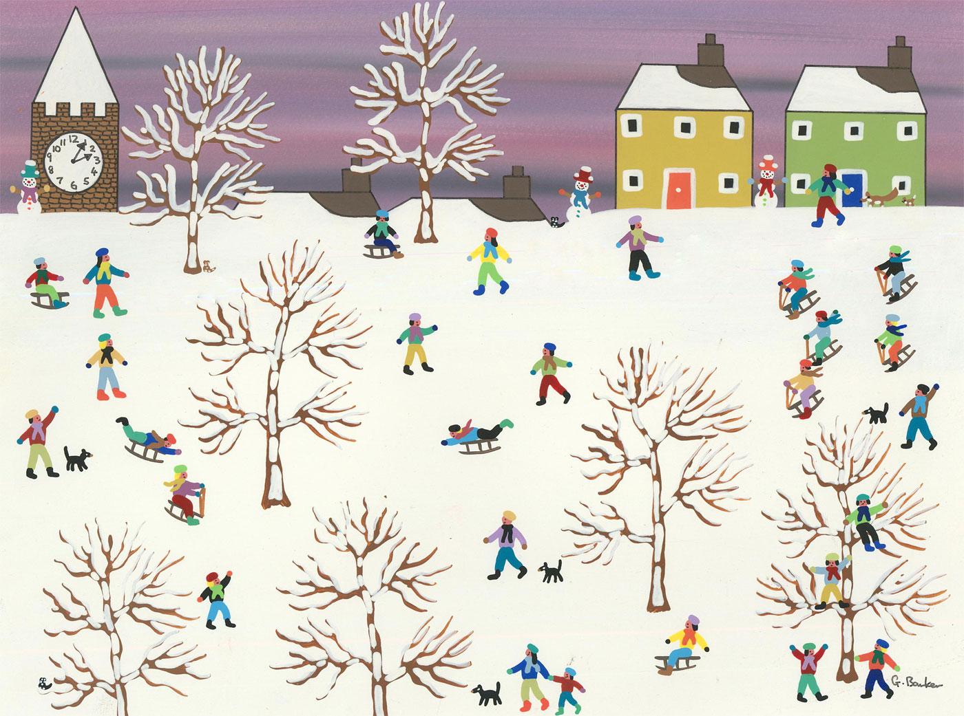 A vivid winter landscape by the well listed, naive artist Gordon Barker. Here, Barker has captured a playful scene of children sledging on a snowy hillside. Signed by the artist to the lower right and inscribed to the reverse. On paper. 
