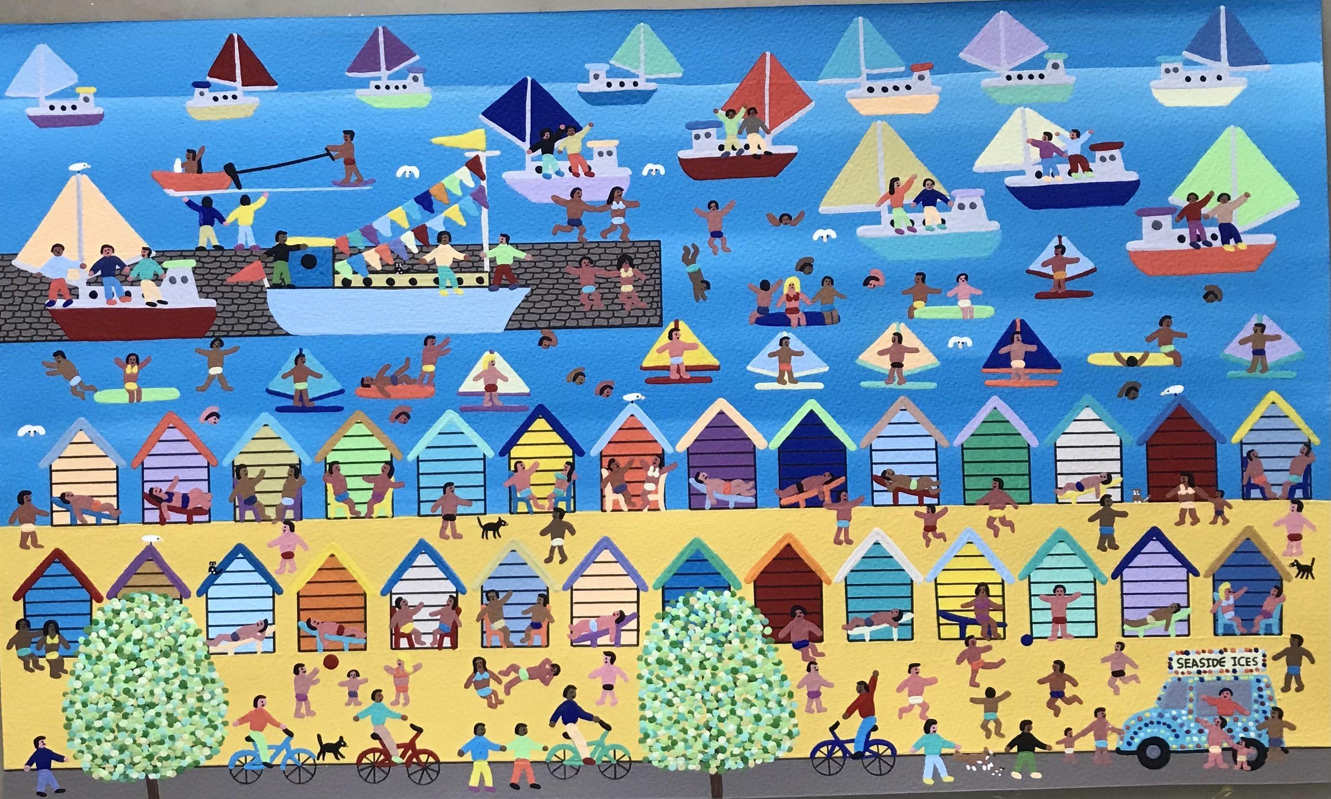 A great summers day at the seaside enjoying the warm sea air relaxing having a wonderful day  :: Painting :: Folk Art :: This piece comes with an official certificate of authenticity signed by the artist :: Ready to Hang: No :: Signed: Yes ::