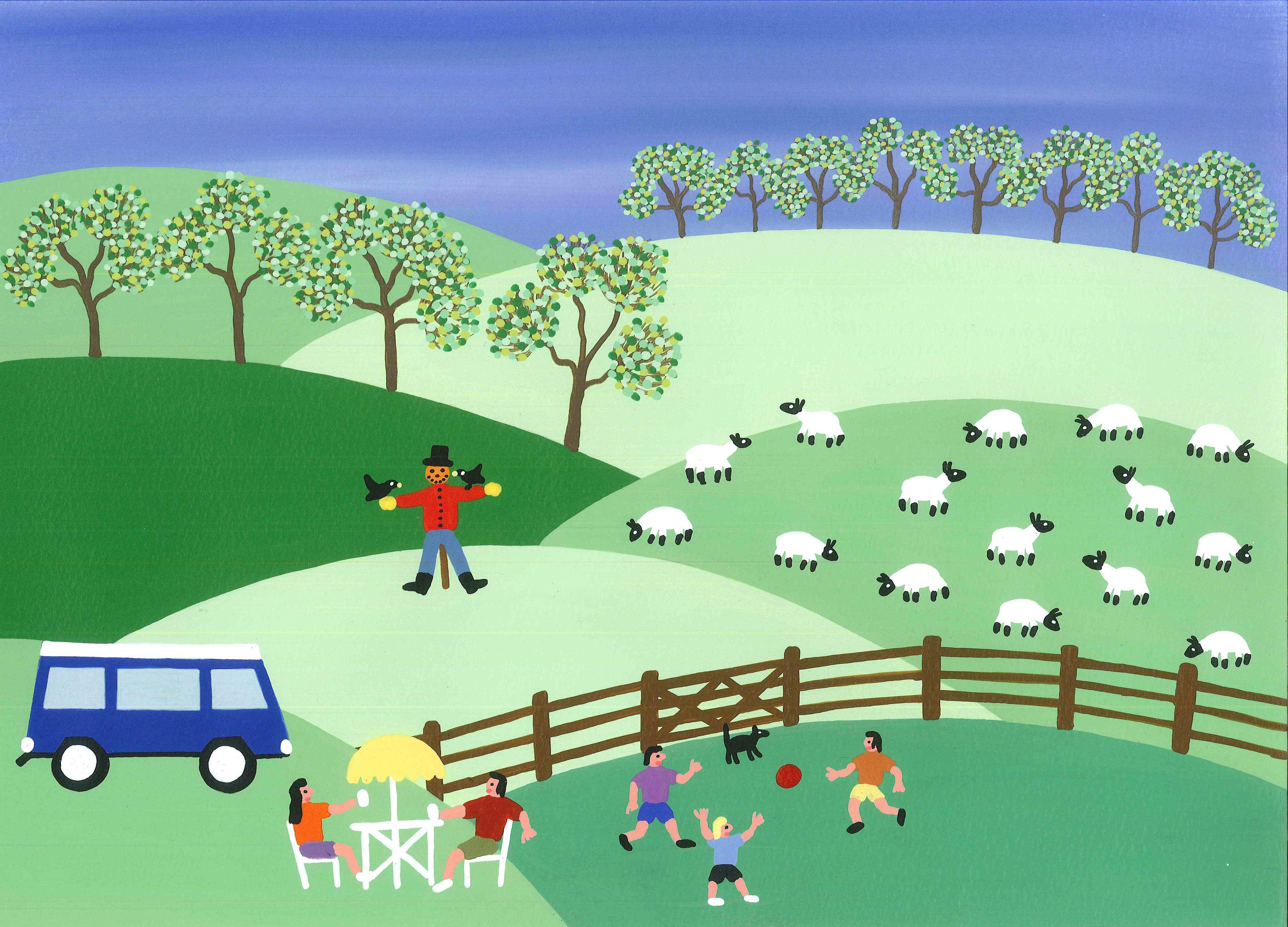 A relaxing image of a summers day with family. :: Painting :: Folk Art :: This piece comes with an official certificate of authenticity signed by the artist :: Ready to Hang: No :: Signed: Yes :: Signature Location: On back of picture :: Paper ::