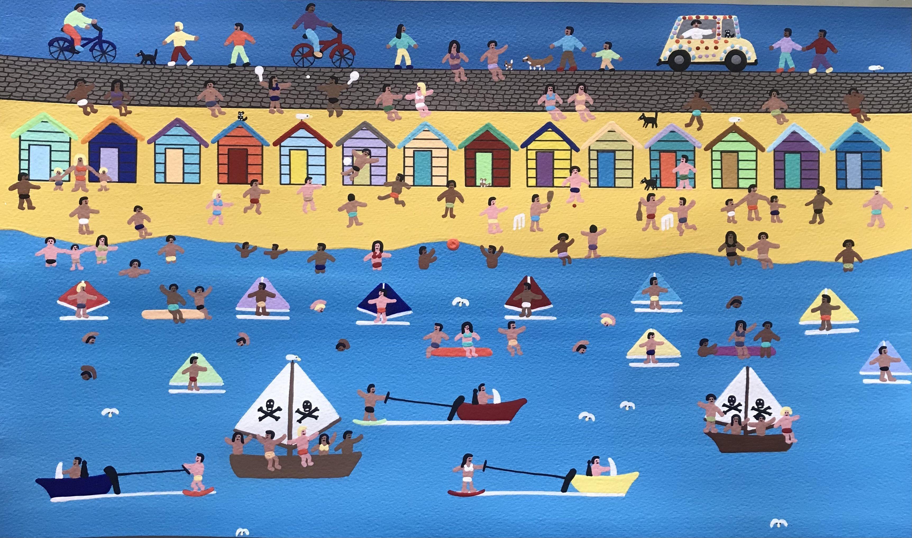 On the beach with friends and family on a hot summers afternoon  :: Painting :: Folk Art :: This piece comes with an official certificate of authenticity signed by the artist :: Ready to Hang: No :: Signed: Yes :: Signature Location: Bottom right