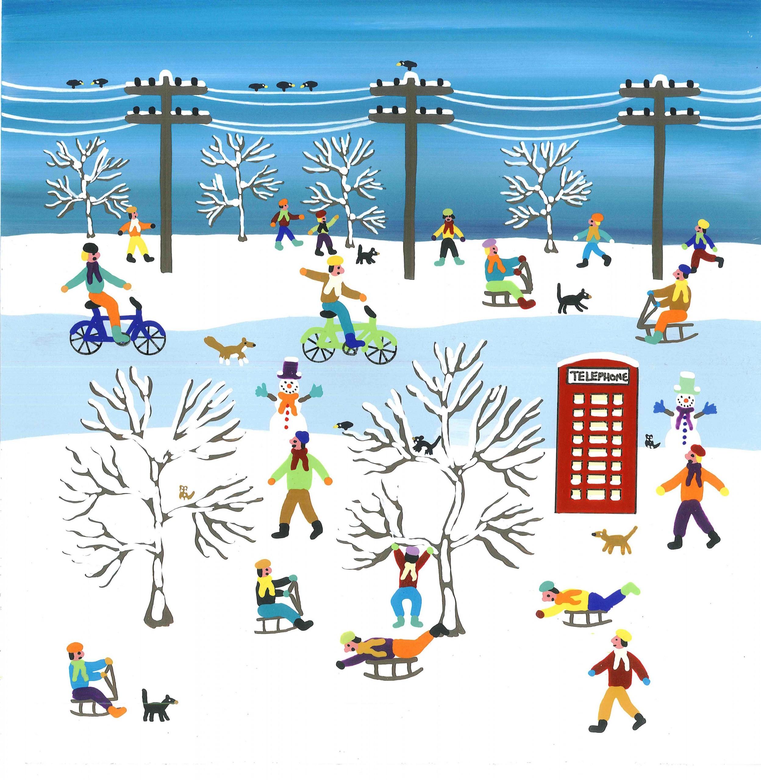 Fantastic day out in the snow,  sledging as fast as you can, riding your bike down the road with you best mate and your dog or just taking it easy on this wonderful snowy day

Snowmen, snowscape, people, landscapes, cats and dogs, happy art

Gordon