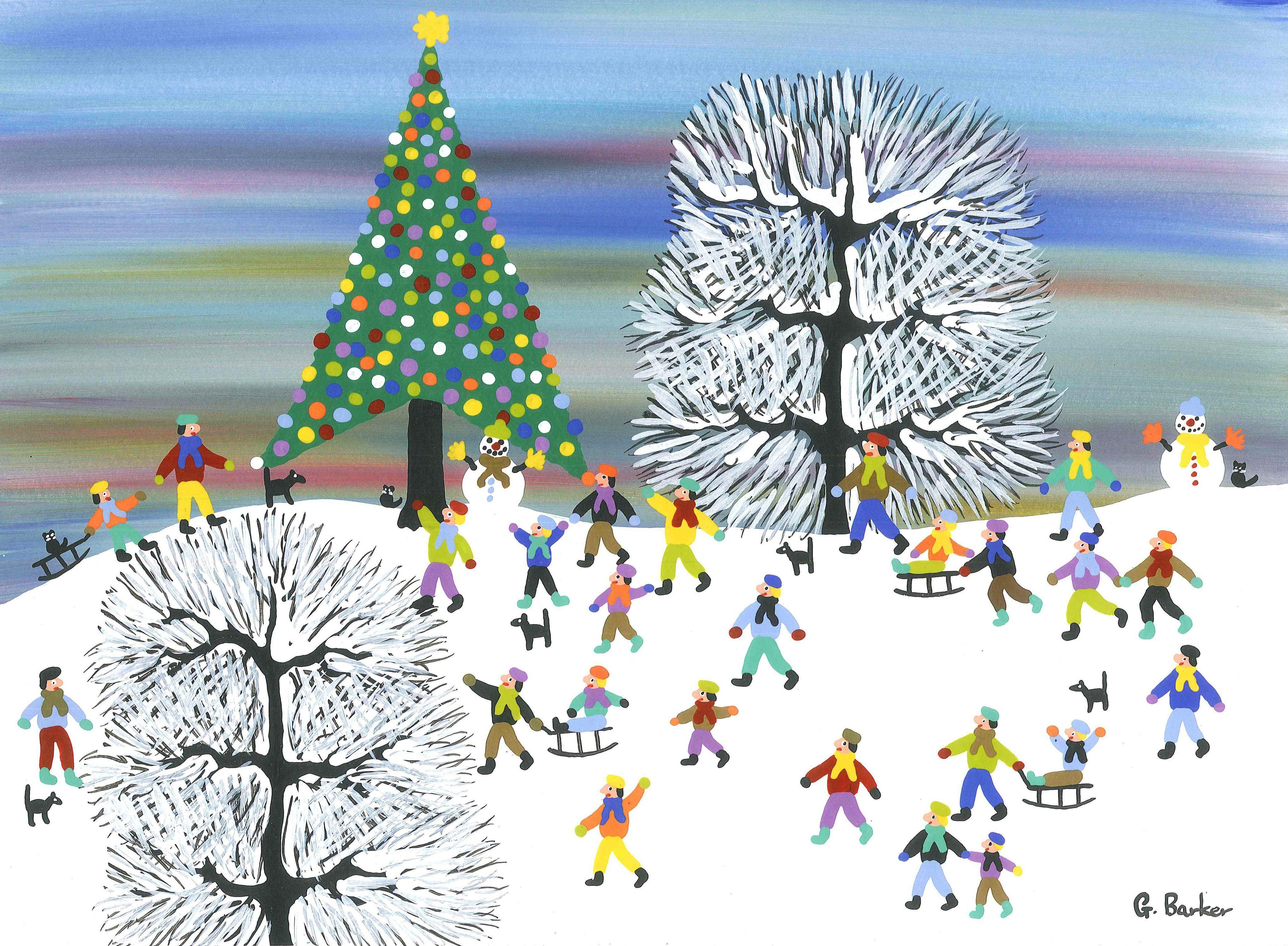 Climbing to the top of the hill to see the wonderful Christmas in all its splendour  :: Painting :: Folk Art :: This piece comes with an official certificate of authenticity signed by the artist :: Ready to Hang: No :: Signed: Yes :: Signature