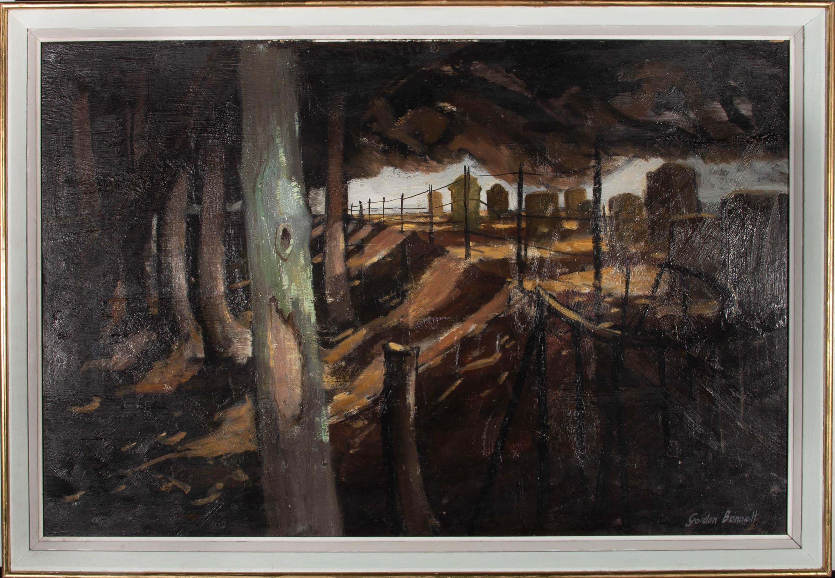 Questa scena suggestiva raffigura un cimitero ai margini di un bosco. Dipinto con pennellate espressive e una tavolozza ricca e profonda, l'artista ha catturato l'inquietudine di questo paesaggio. Firmato in basso a destra. Presentato in una cornice