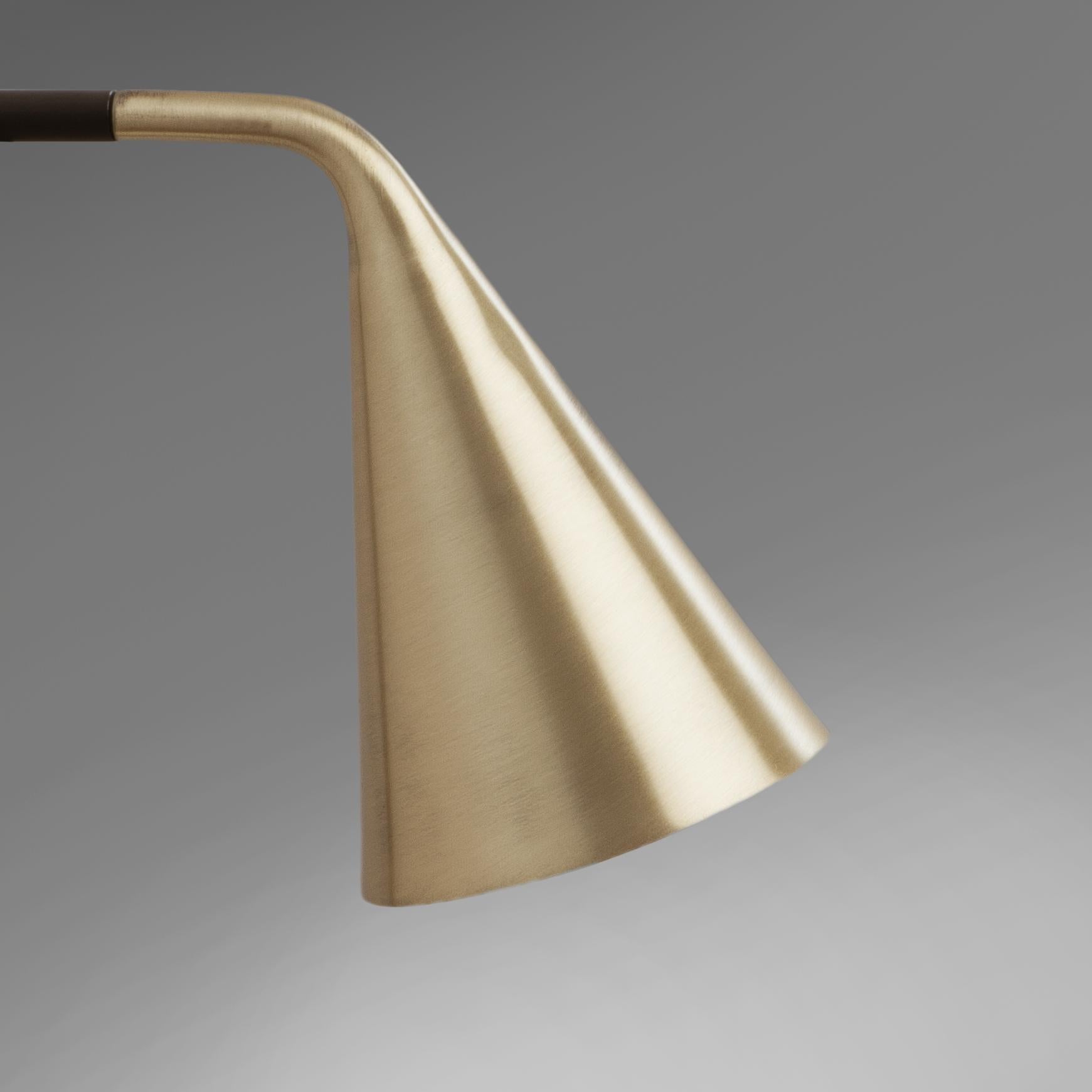 A new formal and material interpretation of the conical diffuser is the main feature of Gordon lamps. The essential and refined aspect with a strong character that is conferred by the shape of the brass casting; these practical and versatile lamps