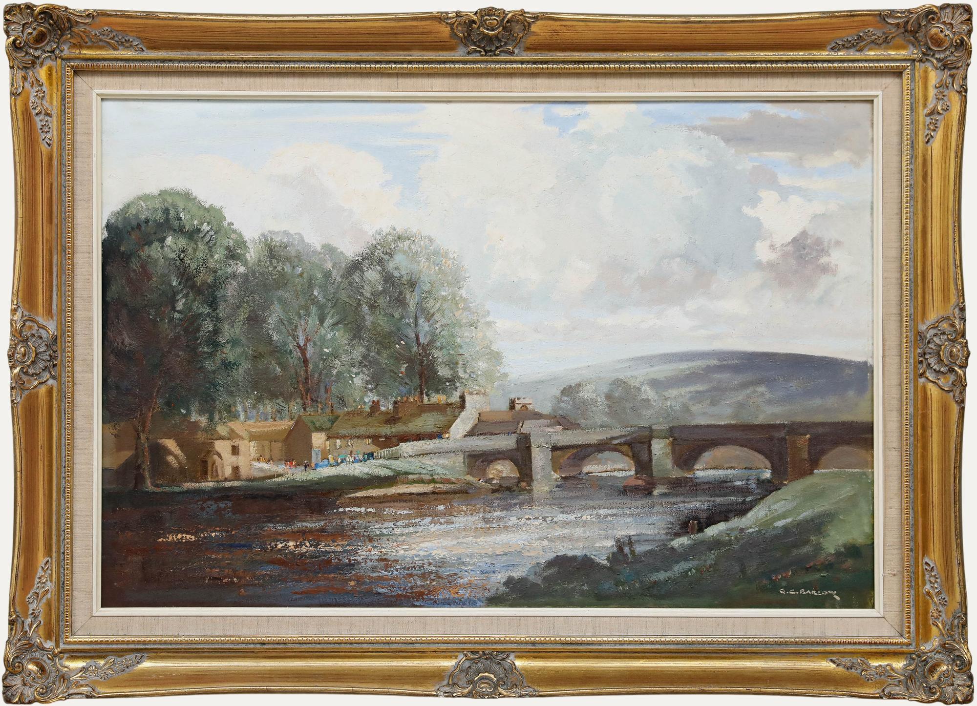 Un delizioso dipinto paesaggistico di Gordon Clifford Barlow (1913-2004), che raffigura lo storico ponte di Burnsall che attraversa il fiume Wharfe. La composizione è ancorata dai graziosi archi del ponte che attirano l'occhio dell'osservatore