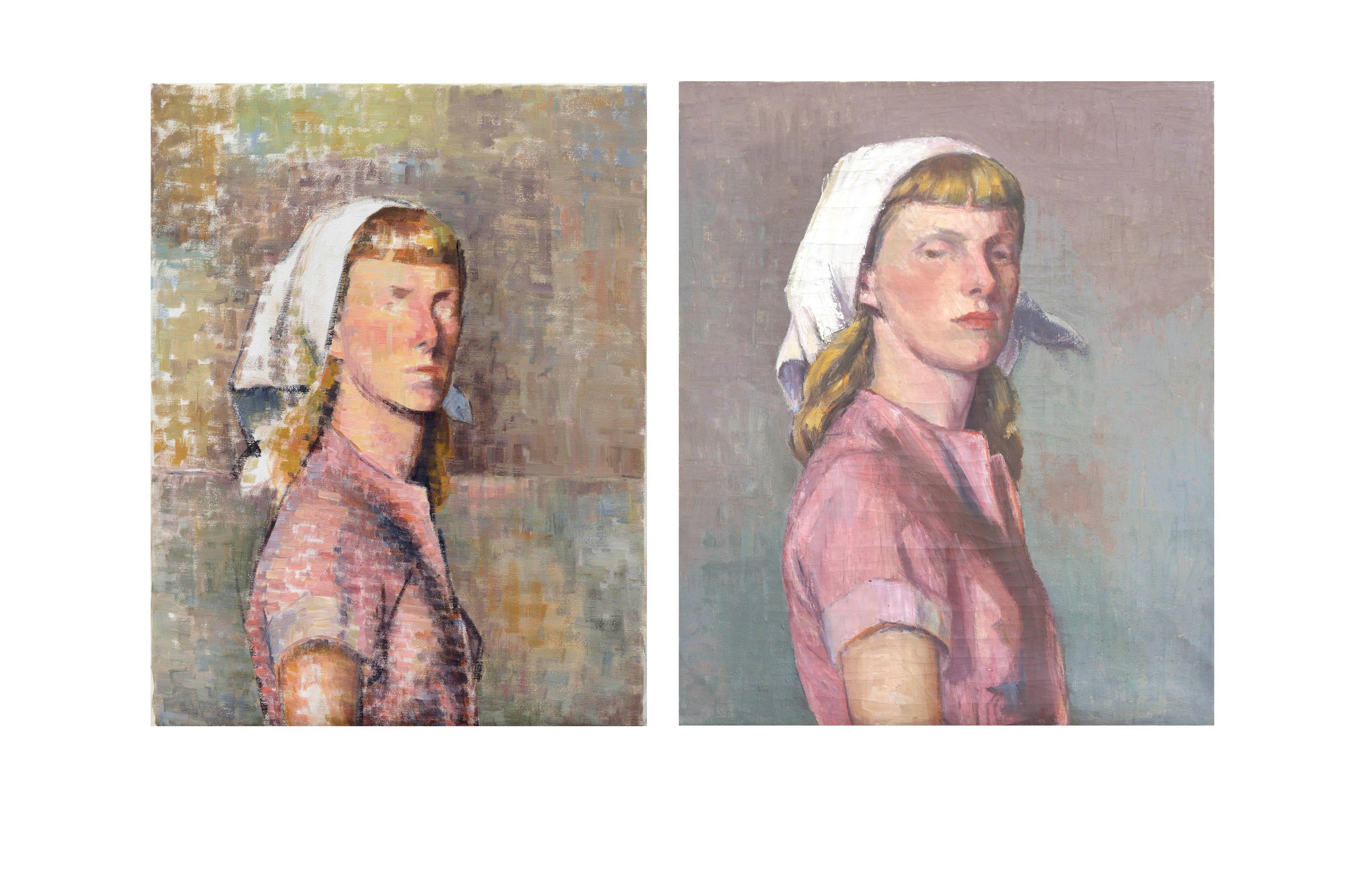 Paar Mid-Century-Blindporträtstudien, Mid-Century-Porträt einer Frau – Painting von Gordon Cook