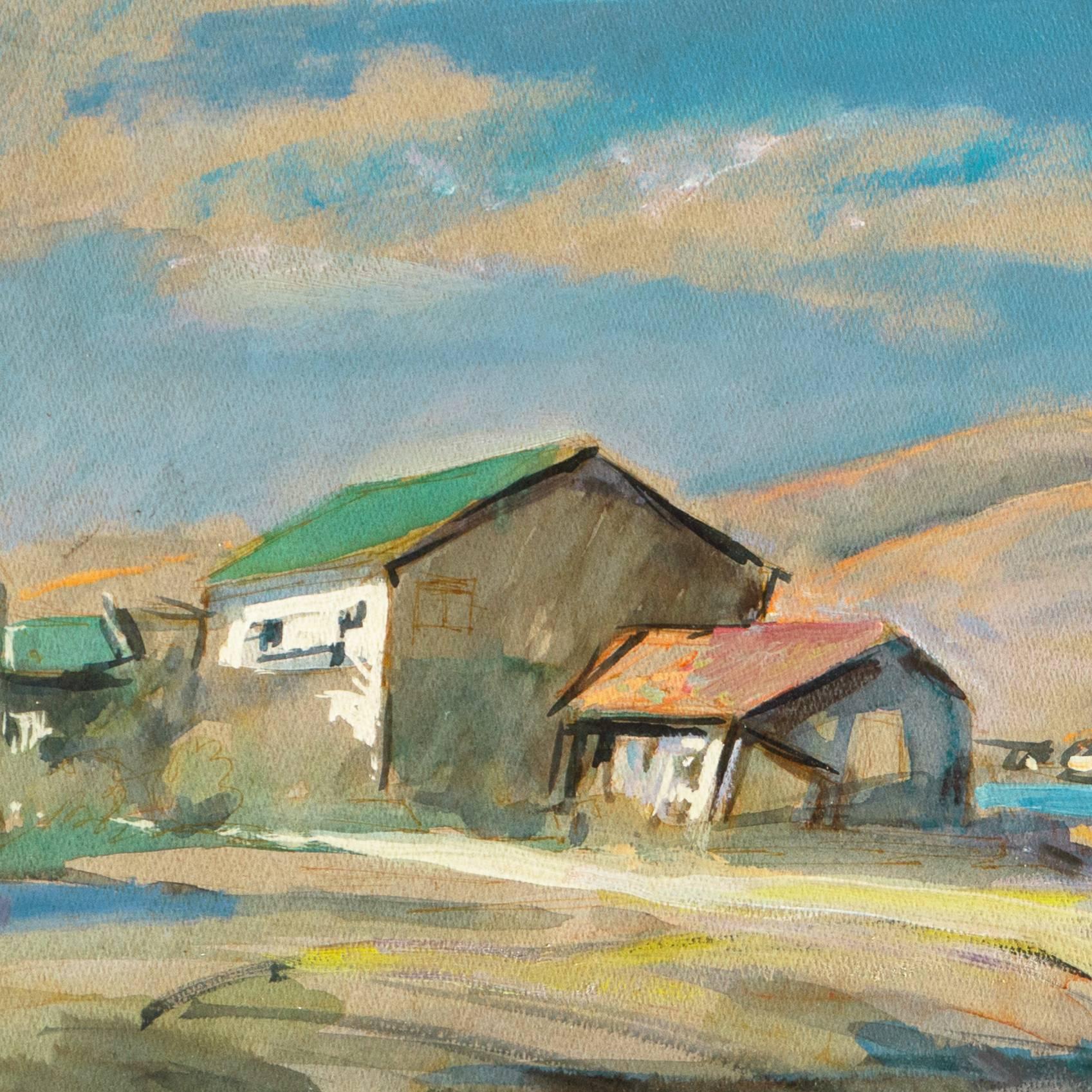 „Bay Shanties, San Francisco“, Marin, WPA, California Ölgemälde aus der Mitte des Jahrhunderts, Benezit (Grau), Landscape Painting, von Gordon Cope