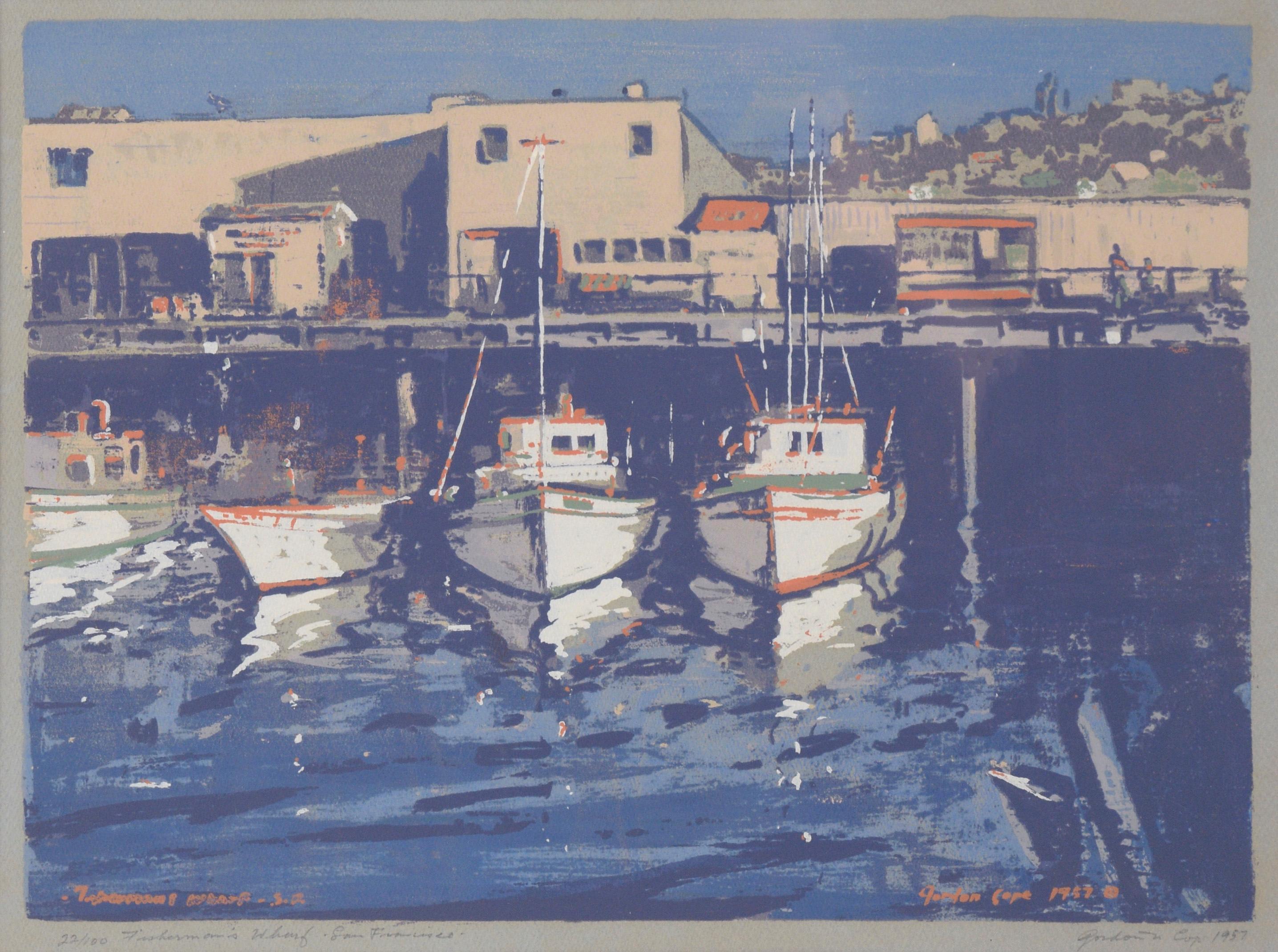 „Fisherman's Wharf – San Francisco“ Mehrschichtiger Raumteiler auf Papier – signiert – Print von Gordon Cope