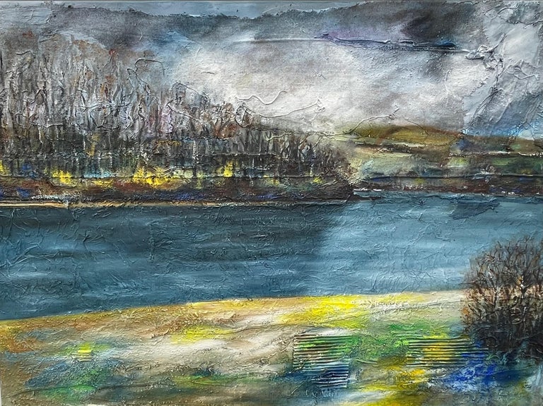 Gordon Couch "Riverscape" Large Contemporary Mixed Media Art Landscape Painting For Sale at