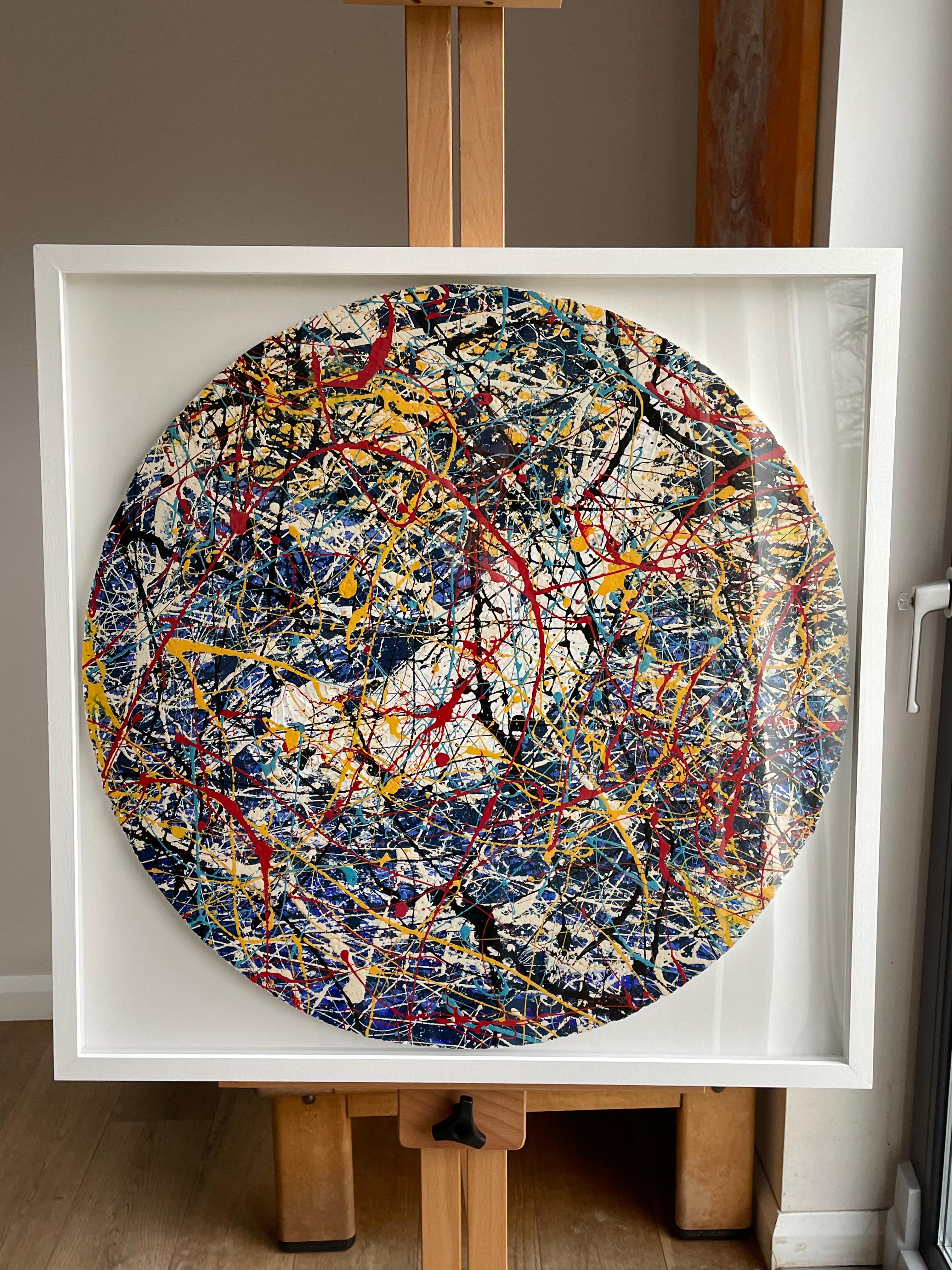 Acrylic paint on polystyrene. An unusual choice of material that gives the piece depth. Vibrant colours swirl through the painting and draw the eye into the intricate patterns that characterise this work.

Signed and dated verso.

In a contemporary
