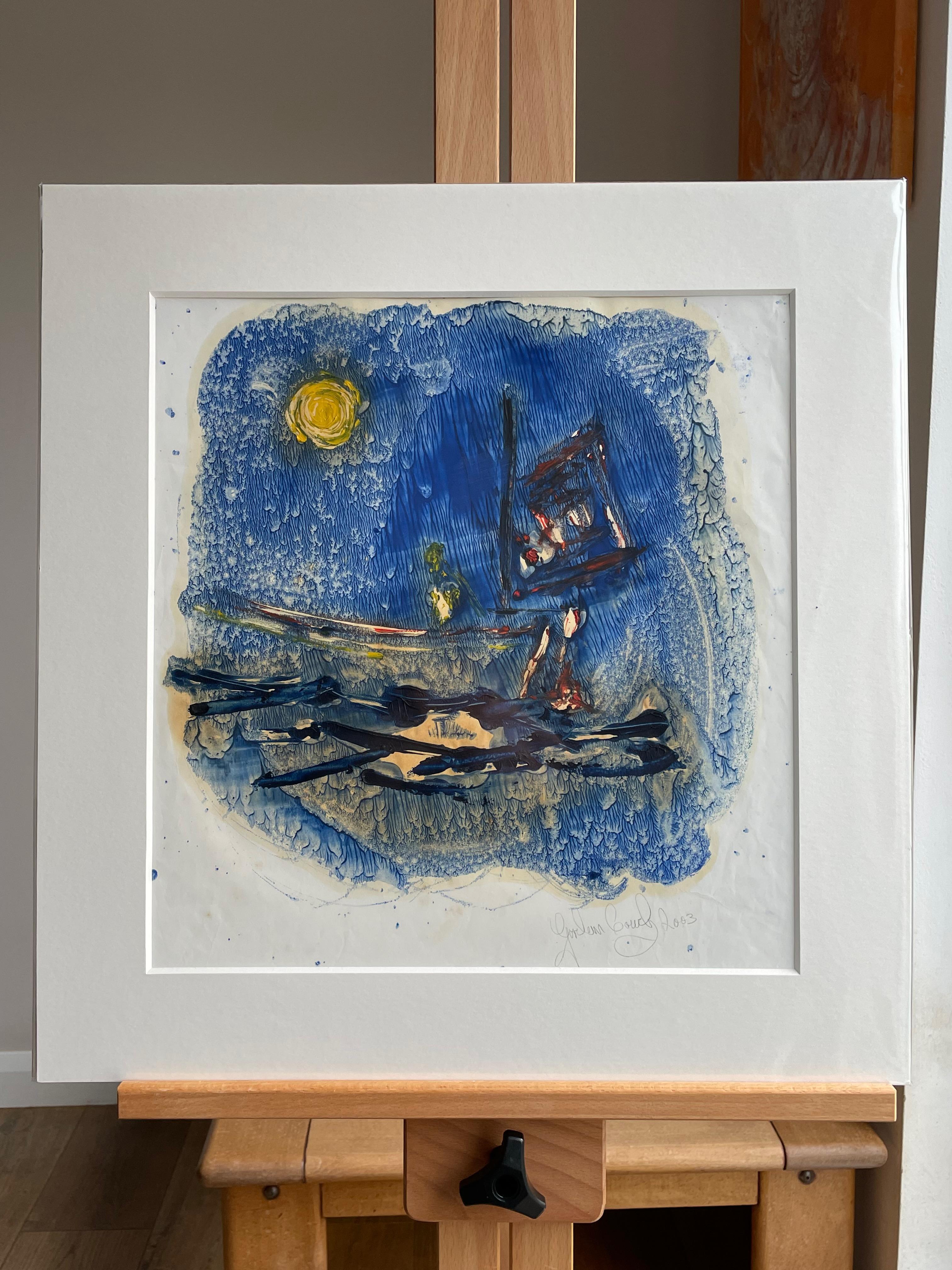 Abstract expressionist seascape on paper. Boats gently rocking in the sunshine give a real feel good element to this piece. This work was created under the guidance of the great English artist Sir Terry Frost and his influence is evident here