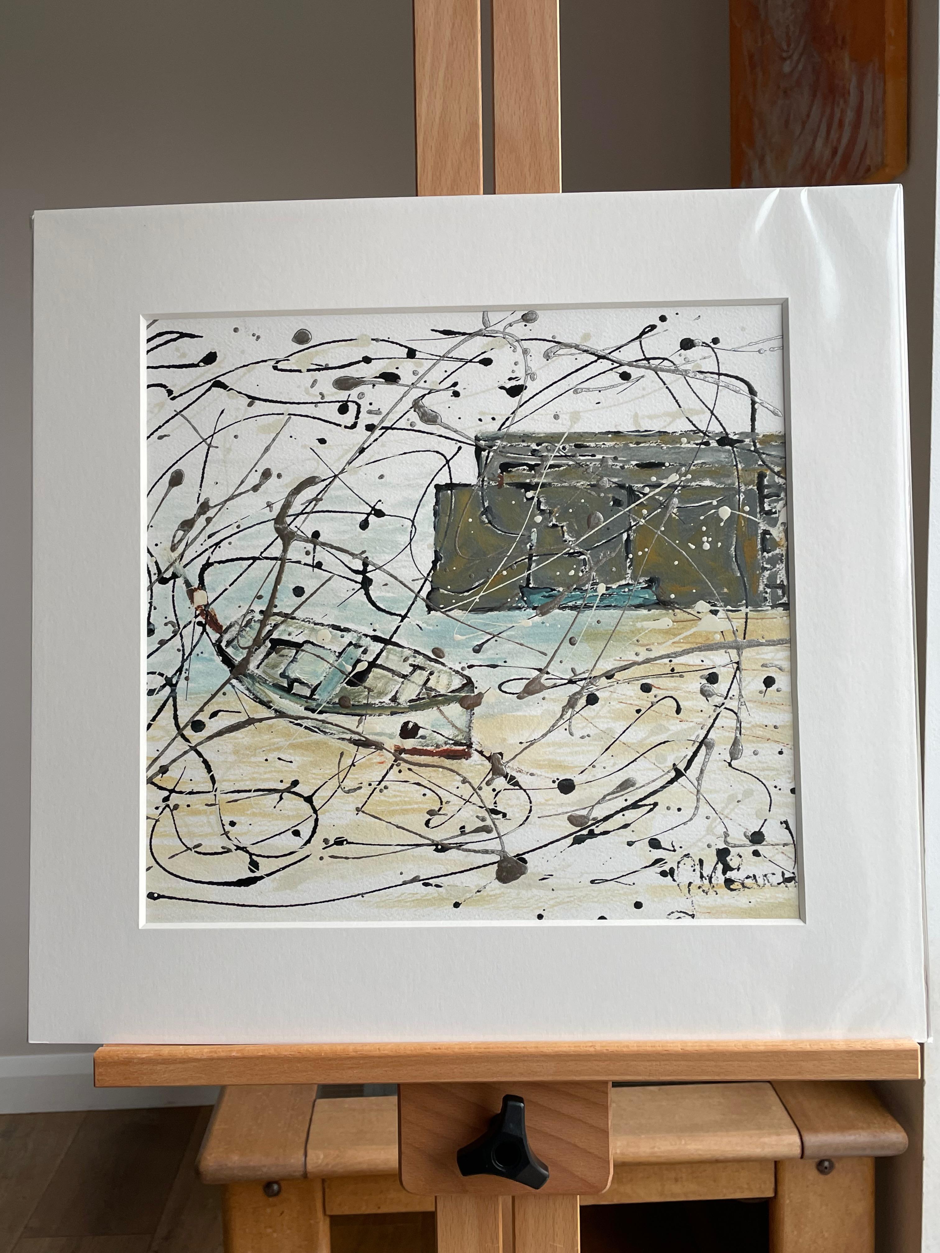 Splatter painting probably showing Mousehole harbour, Cornwall England. A small rowing boat lays stranded on the low tide just awaiting high tide. The splatter painting lifts this piece and gives it movement and free form contrasting with the
