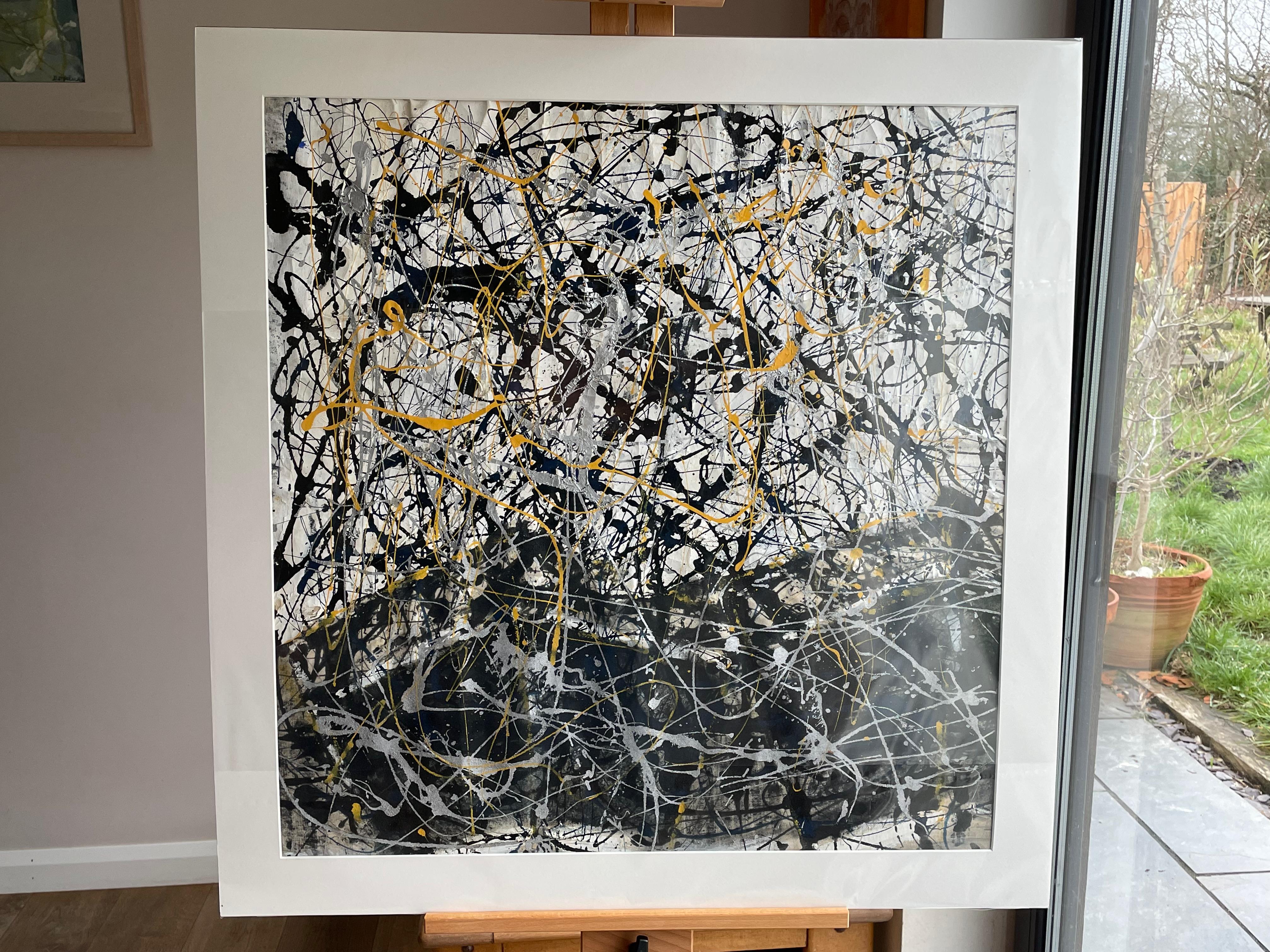 A large piece that uses colour in a particularly expressive way. This painting is warm and fluid contrasting monotones with splatters of yellow pigment.

Splatter painting on canvas.

Unsigned and mounted on card. In a frame it would look