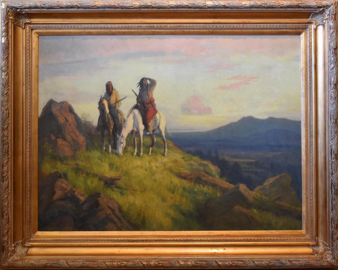     Gordon Coutts
(1868-1937)
Scottland & California Artist
Image Size: 30 x 40
Frame Size: 45 x 50
Medium: Oil
Circa 1920s
"Scouting" Indian
Biography
Gordon Coutts (1868-1937)
Born in Glasgow, Scotland on Oct. 3, 1868, Gordon Coutts studied art in