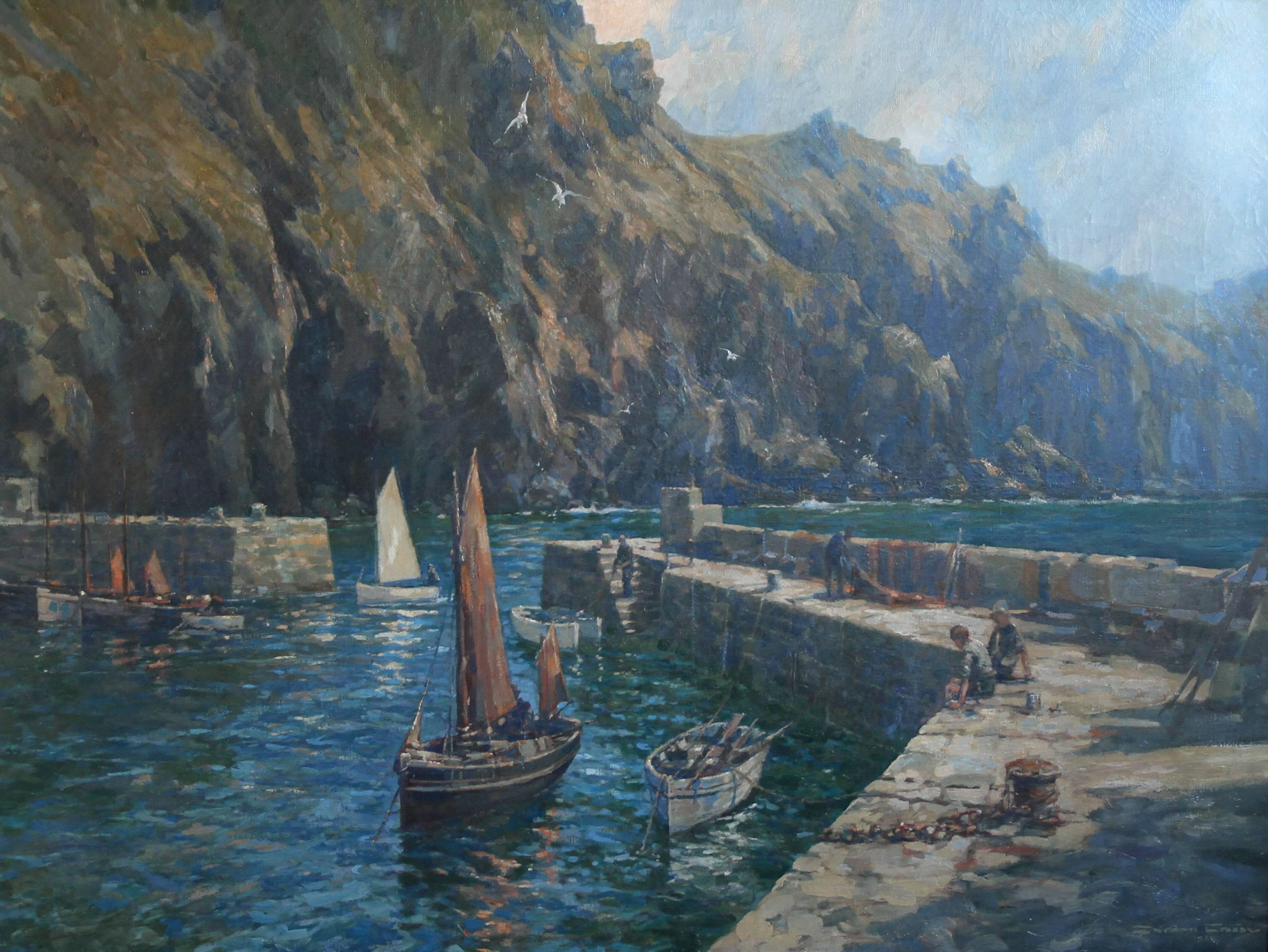 Mullion Cove Cornwall - British 1921 art marine seascape oil painting RA exhib. - Painting by Gordon Crosby