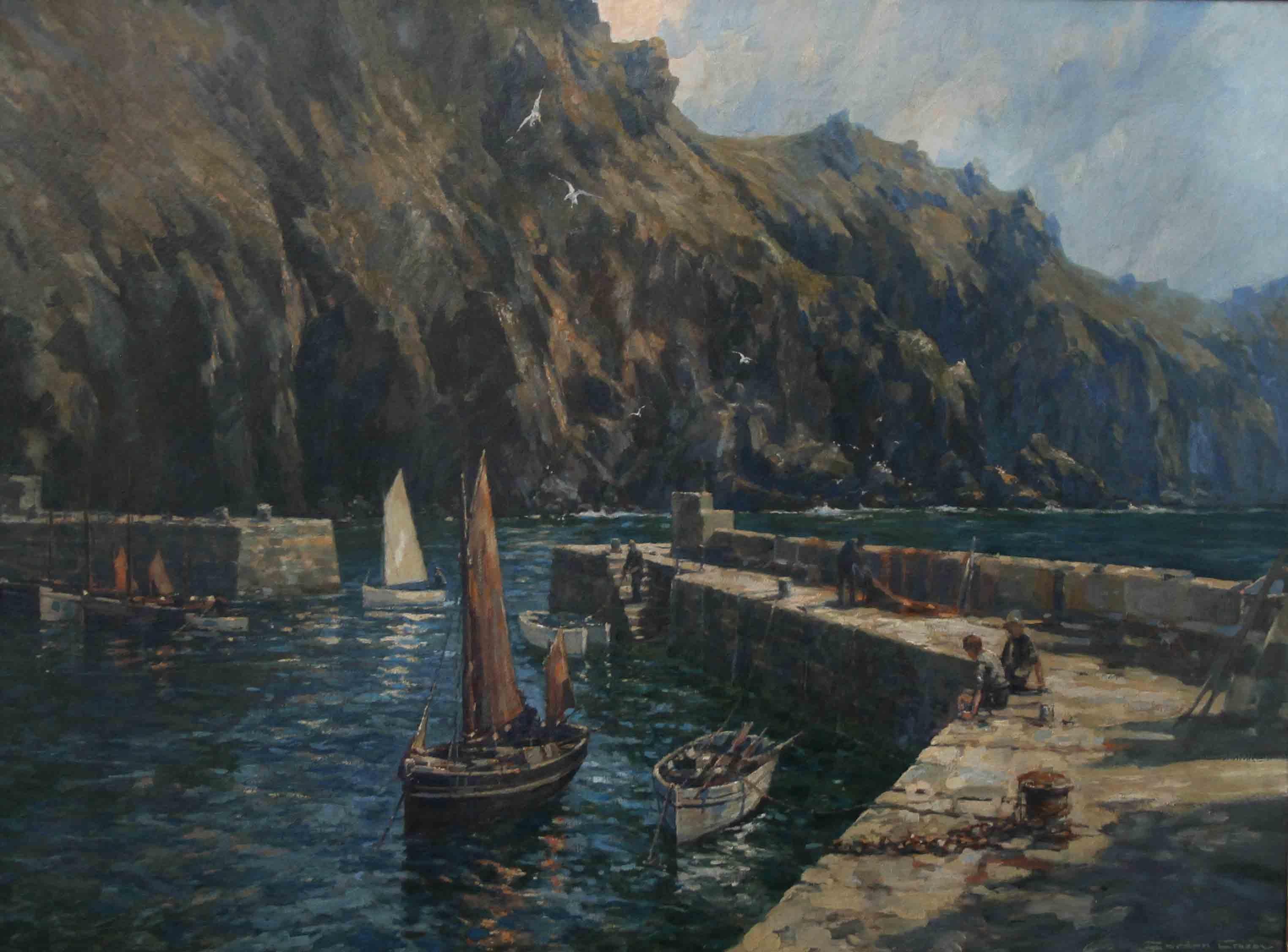 Mullion Cove Cornwall - British 1921 art marine seascape oil painting RA exhib. - Impressionist Painting by Gordon Crosby