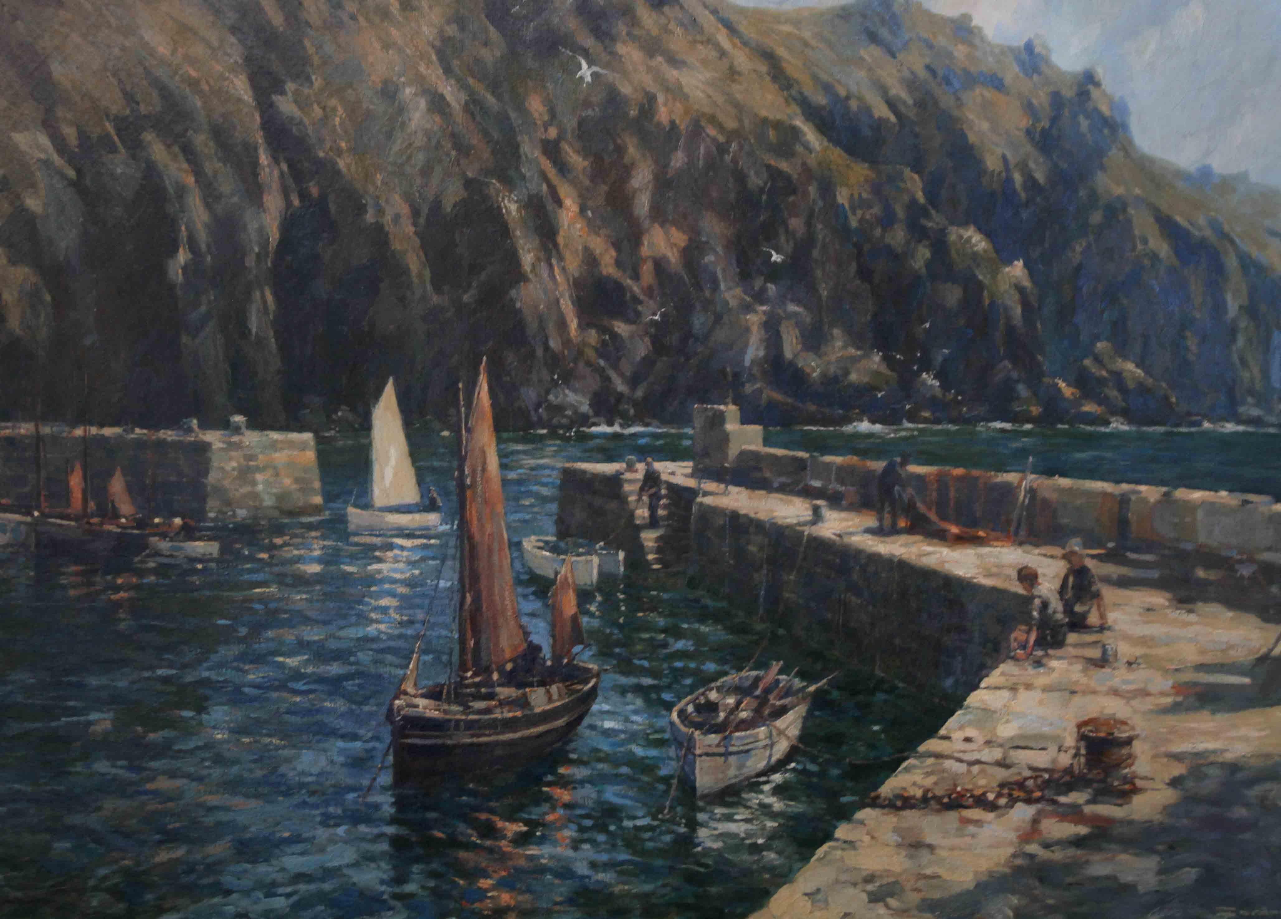 This beautiful and impressive Royal Academy exhibited British Impressionist landscape oil painting is by noted artist Frederick Gordon Crosby. It was painted and exhibited in 1921 and depicts Mullion Cove and its harbour in Cornwall. Mullion Cove is