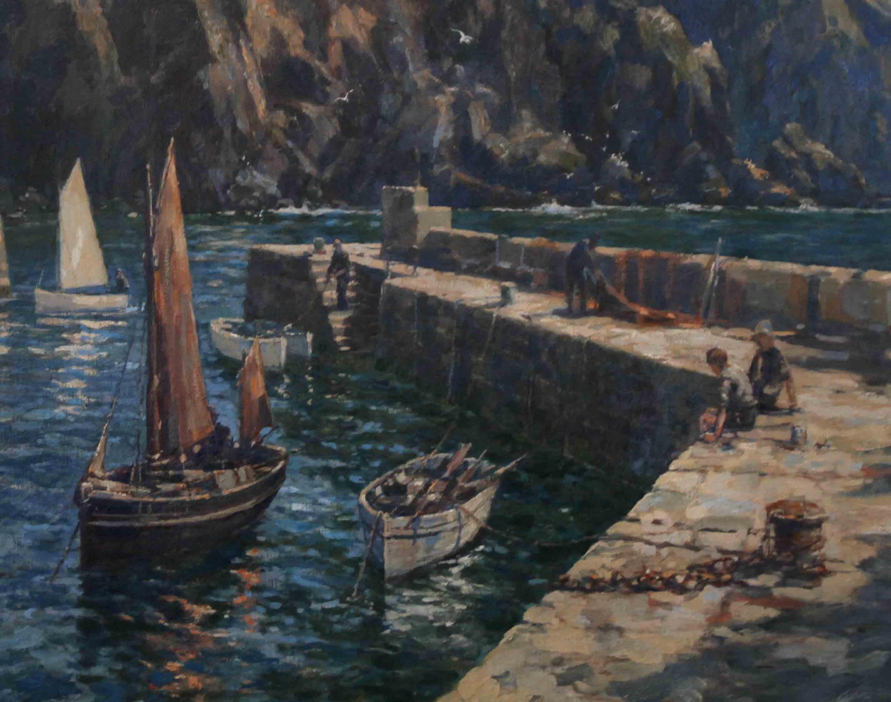 Mullion Cove Cornwall - British 1921 art marine seascape oil painting RA exhib. For Sale 1