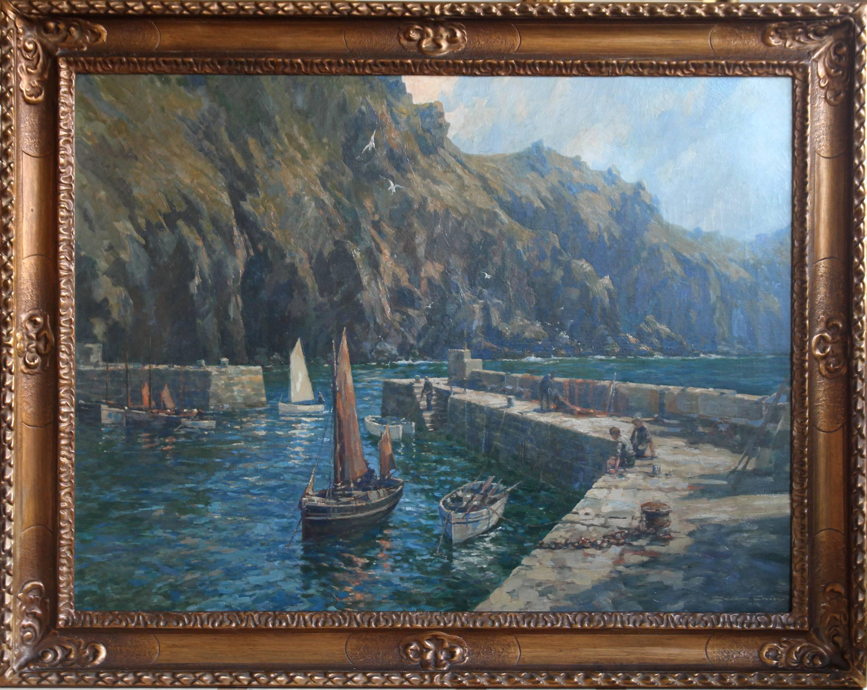 Gordon Crosby Landscape Painting - Mullion Cove Cornwall - British 1921 art marine seascape oil painting RA exhib.