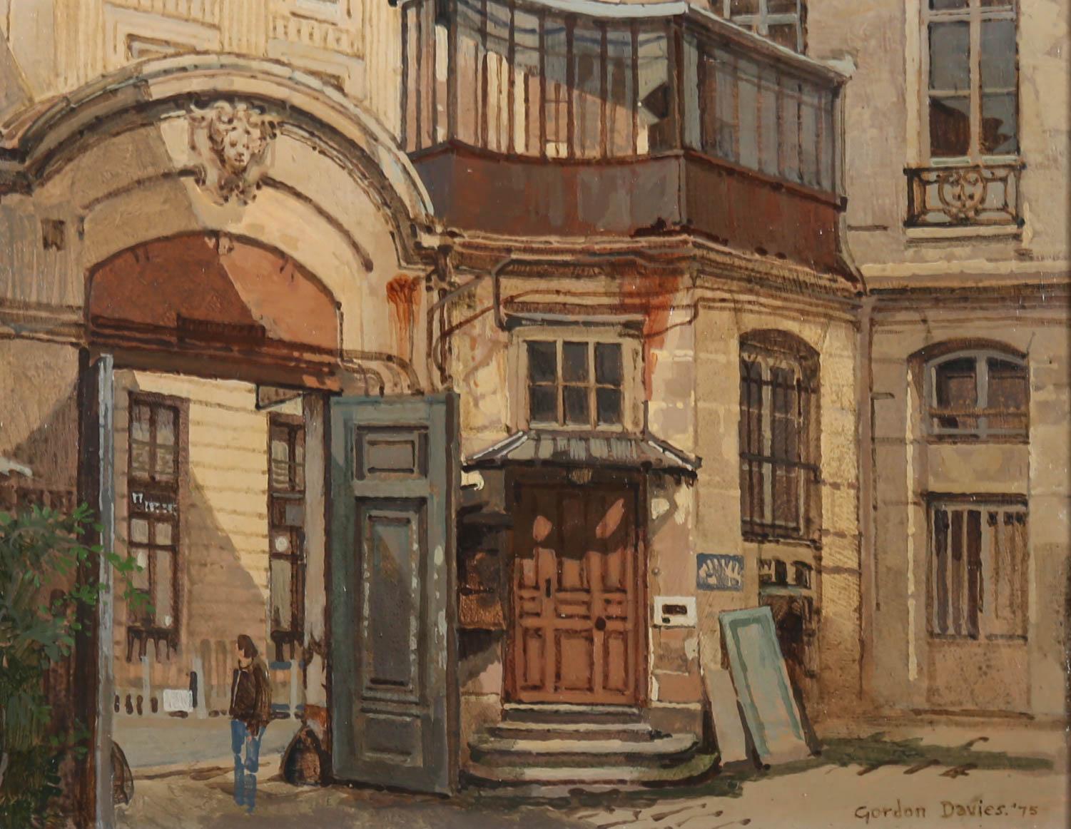 A wonderfully detailed oil scene of the House of Europe building, in the grand city of Paris. Large wooden doors open into a courtyard area with many architectural and period features capturing the viewers attention. Signed and dated to the lower