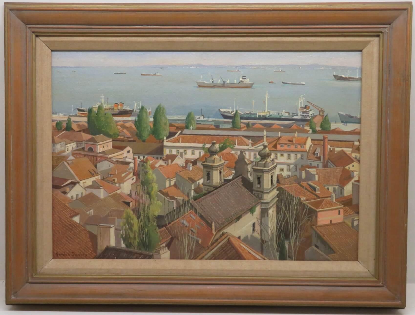 ARTIST: Gordon Davies (1927-2007) British 
TITLE:  "The Tagus At Lisbon Portugal"
SIGNED: lower right 
MEDIUM: oil on board
SIZE: 62cm x 47cm inc frame 
CONDITION: excellent 
DETAIL: Painter, muralist, worker in many other media, designer and