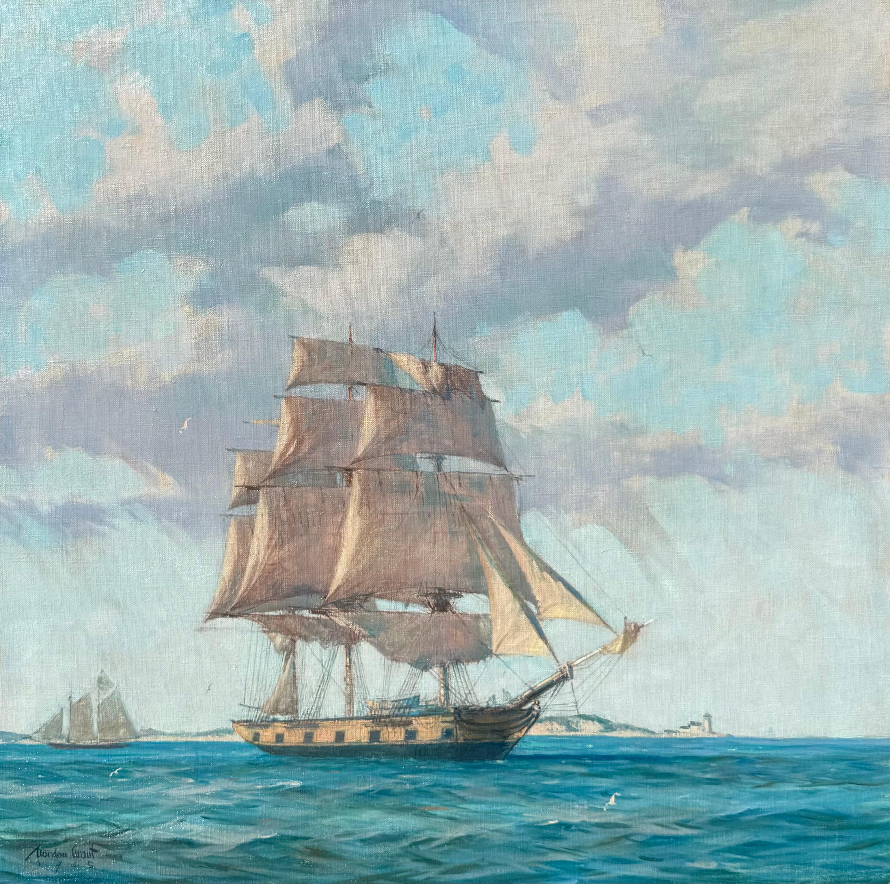 Ein Schoner vor der Küste (Grau), Landscape Painting, von Gordon Grant