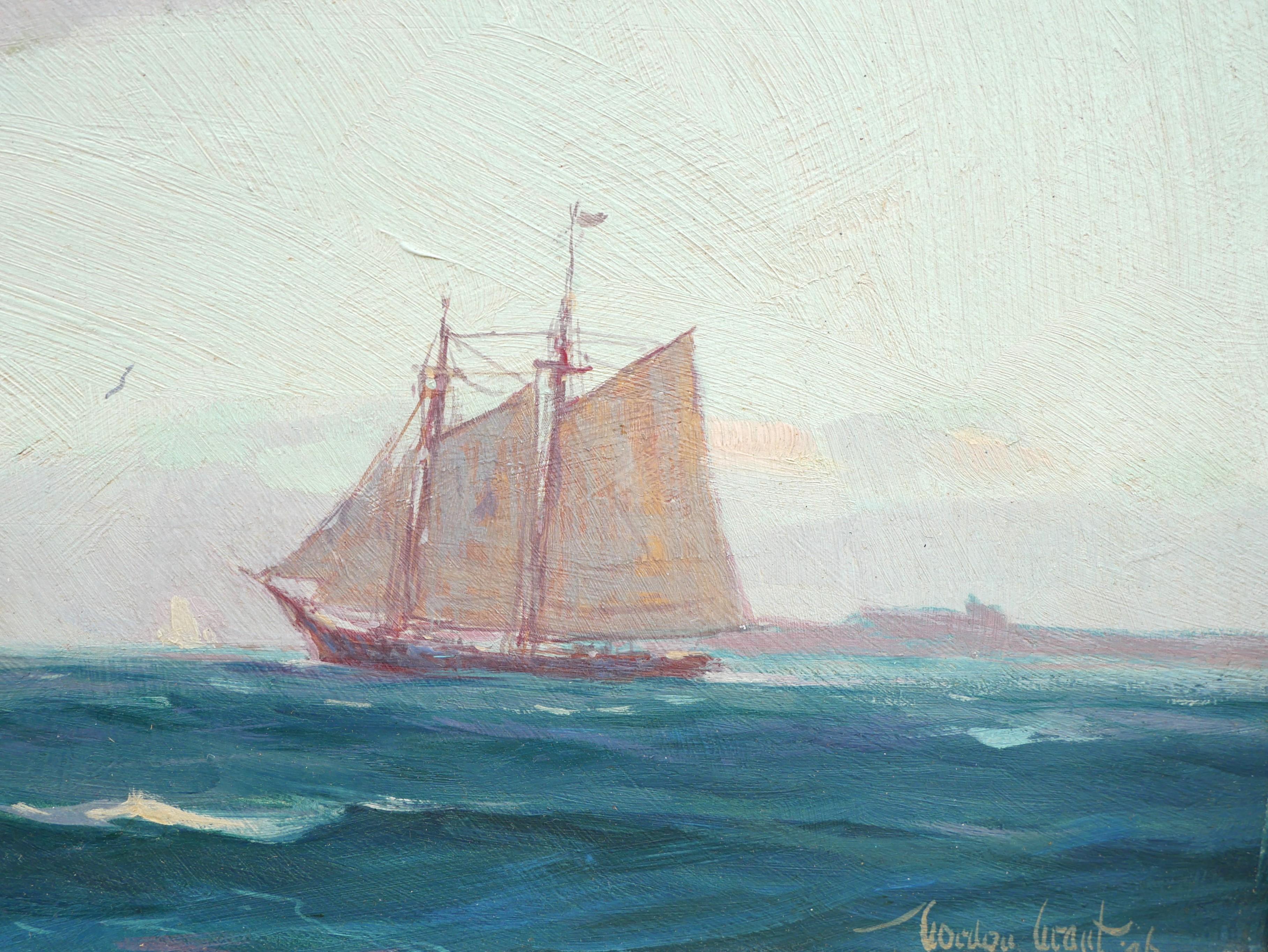 Naturalistic maritime ocean sailing seascape painting by American artist Gordon Grant. The work features two ships sailing on the open ocean. Signed and dated in the front lower right corner. Currently hung in a light wood frame.

Dimensions Without