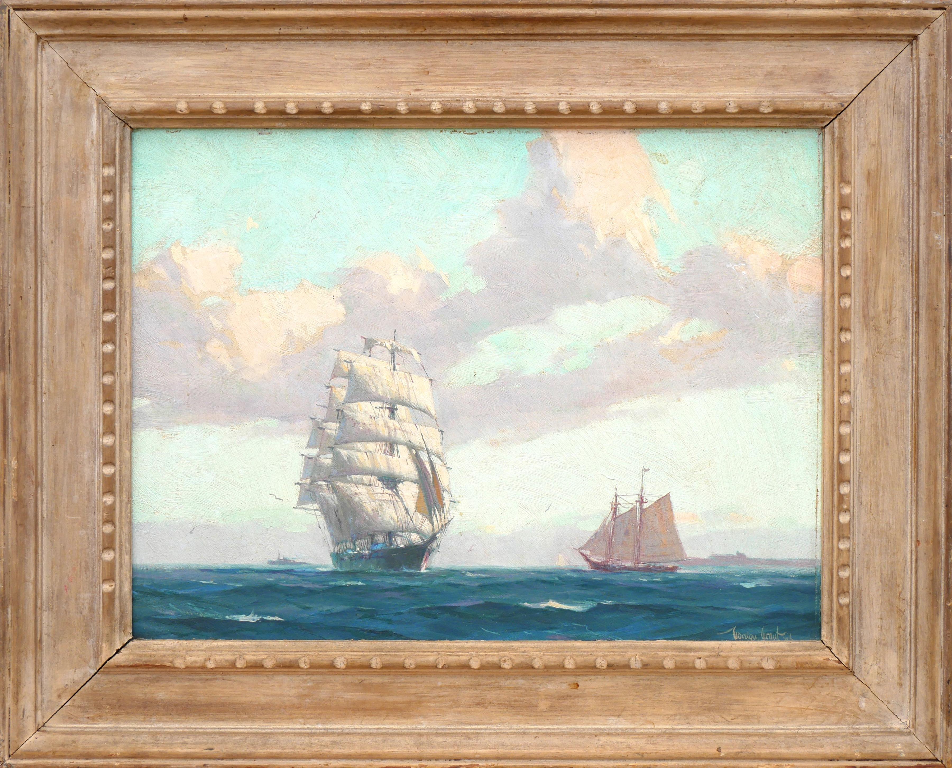 Gordon Grant Landscape Painting - "Down Channel" Naturalistic Maritime Seascape of Ships Sailing on the Ocean