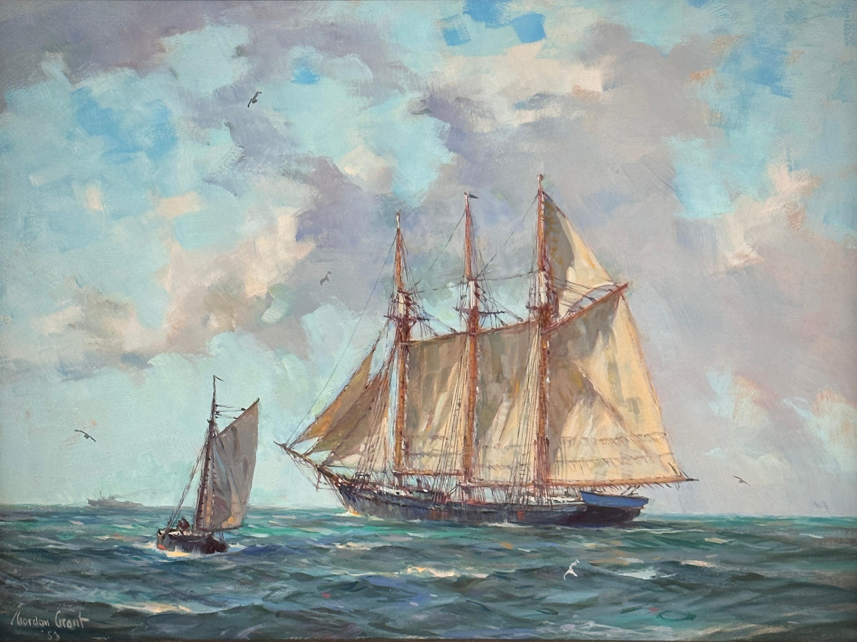 Fore and Aft, marine seascape painting from 1950s with three masted schooner  - Painting by Gordon Grant