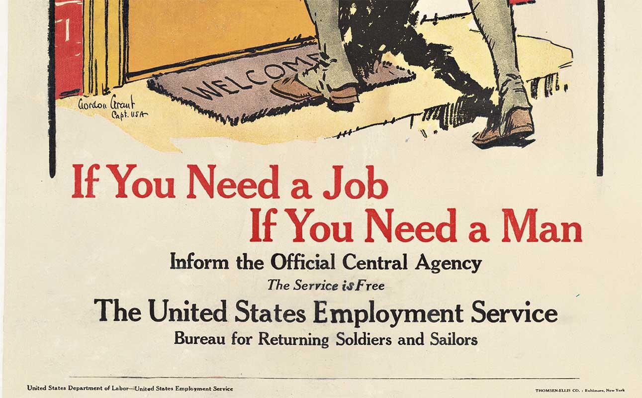 Jobs for Fighters - Affiche américaine d'origine d'après-guerre vintage de la première guerre mondiale - Print de Gordon Grant
