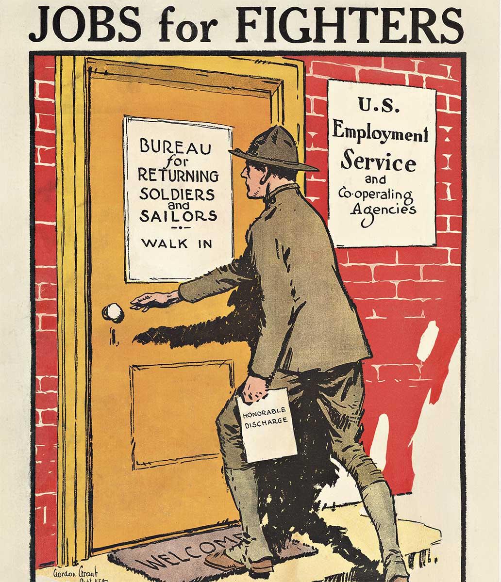 Jobs for Fighters - Affiche américaine d'origine d'après-guerre vintage de la première guerre mondiale - Beige Print par Gordon Grant